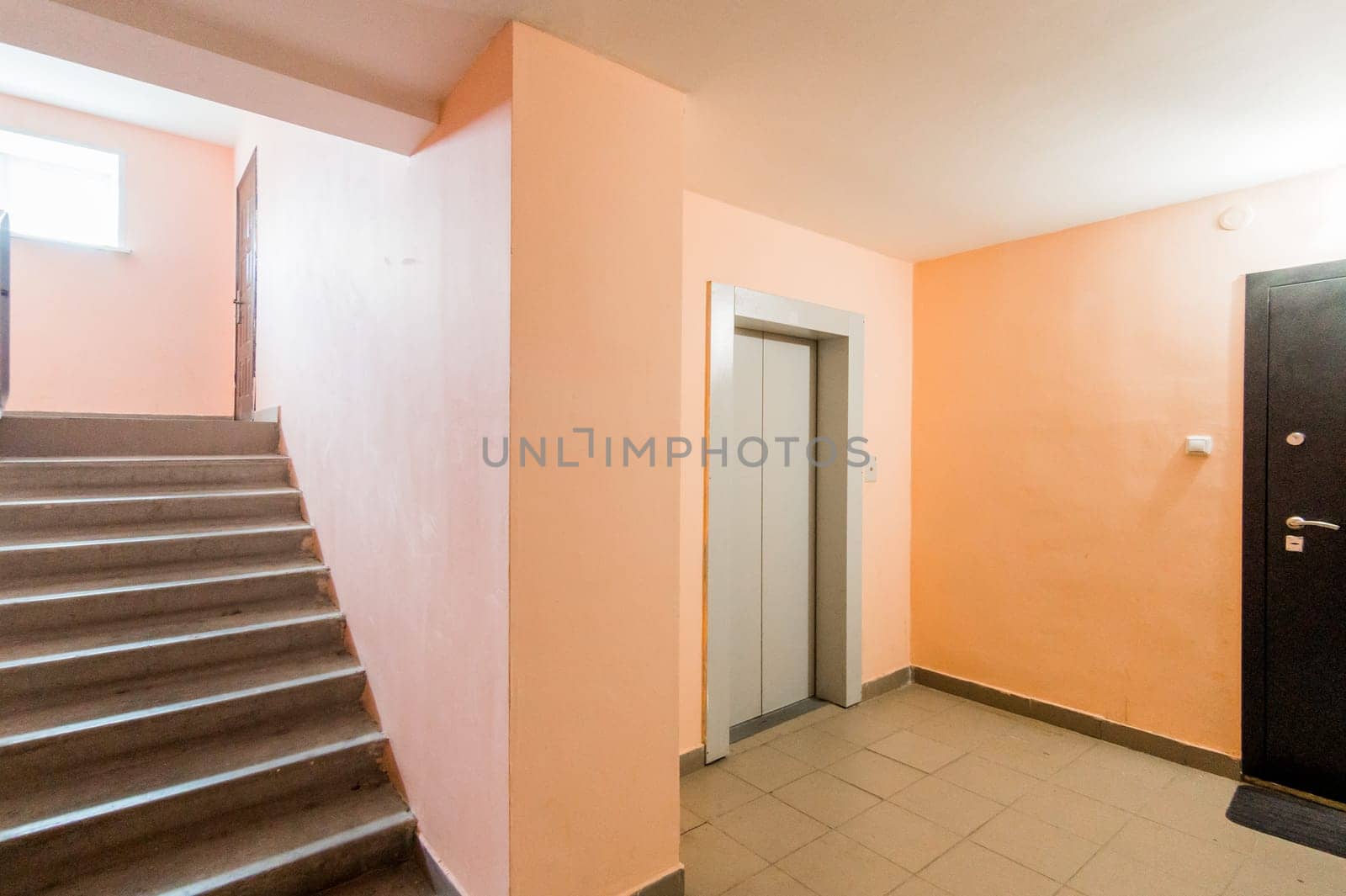 Russia, Moscow- July 16, 2019: interior room apartment. standard repair decoration in hostel. public place, staircase