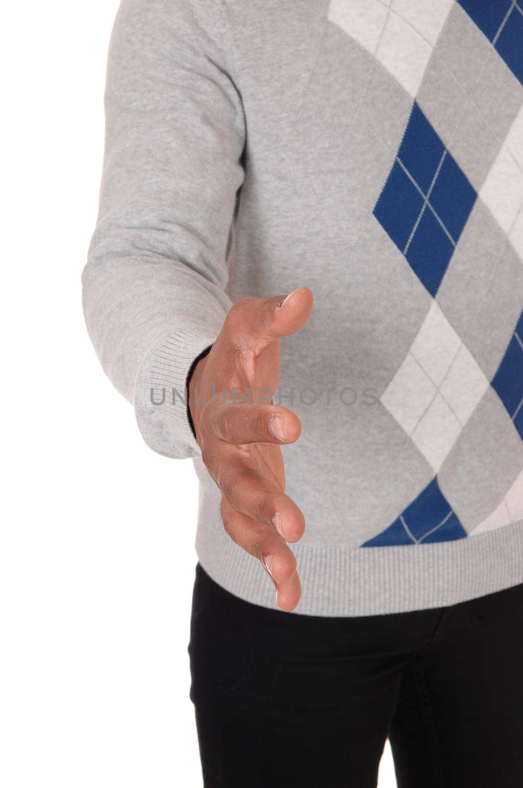 An African American man standing in a halve body images with one.hand outstretched to greeting somebody, isolated for white background.