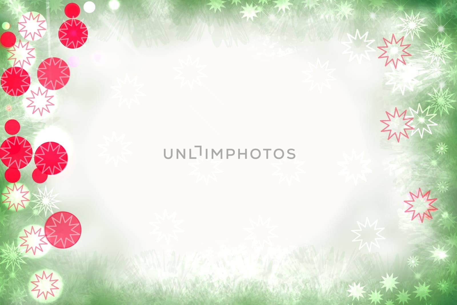 Christmas card template. Abstract festive light green white winter christmas or New Year background texture with christmas balls and a white frame. Copy space for design.