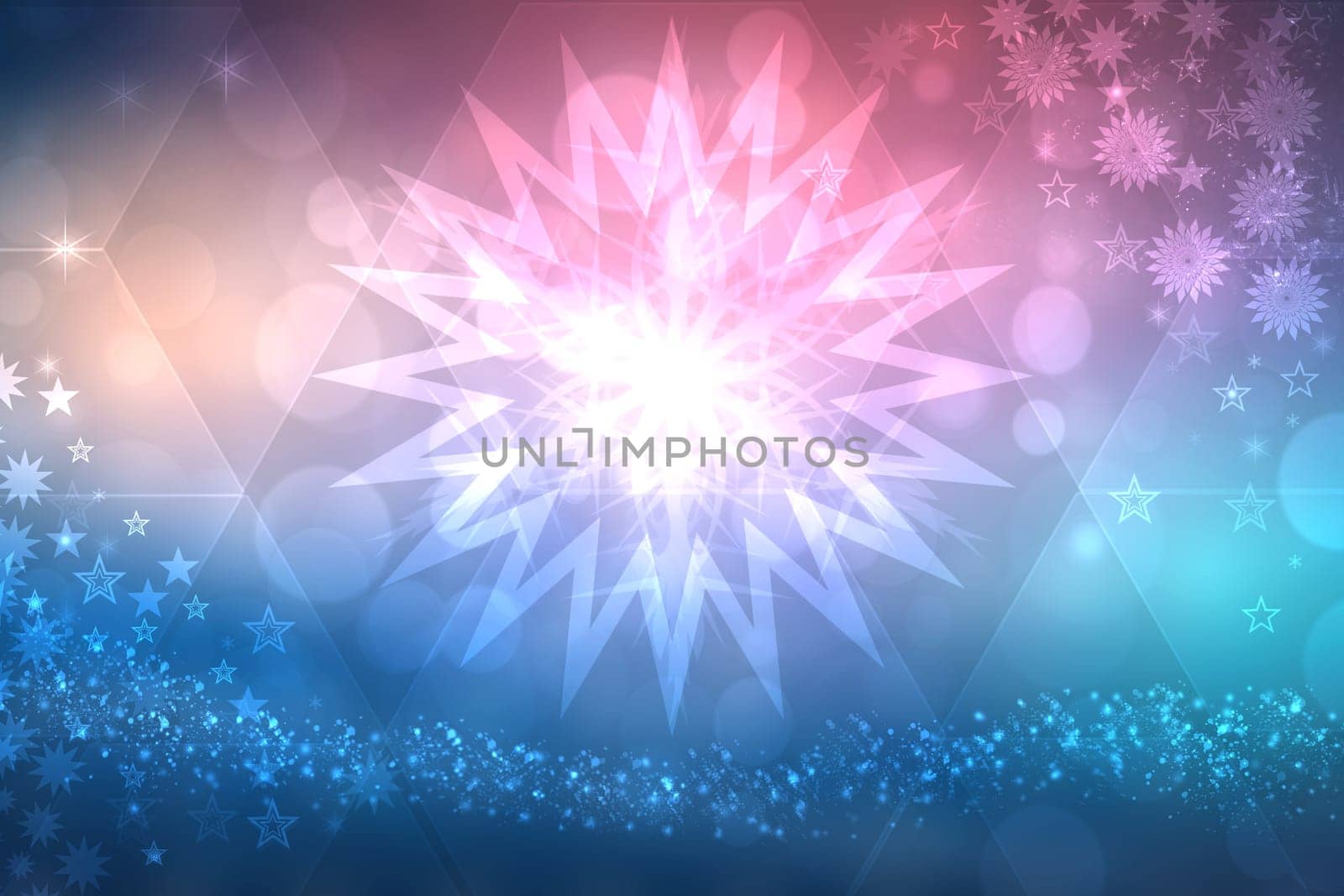 Abstract blurred festive winter christmas or Happy New Year background texture with a large shiny blue pink and many small bokeh lighted stars. Space. Card concept.