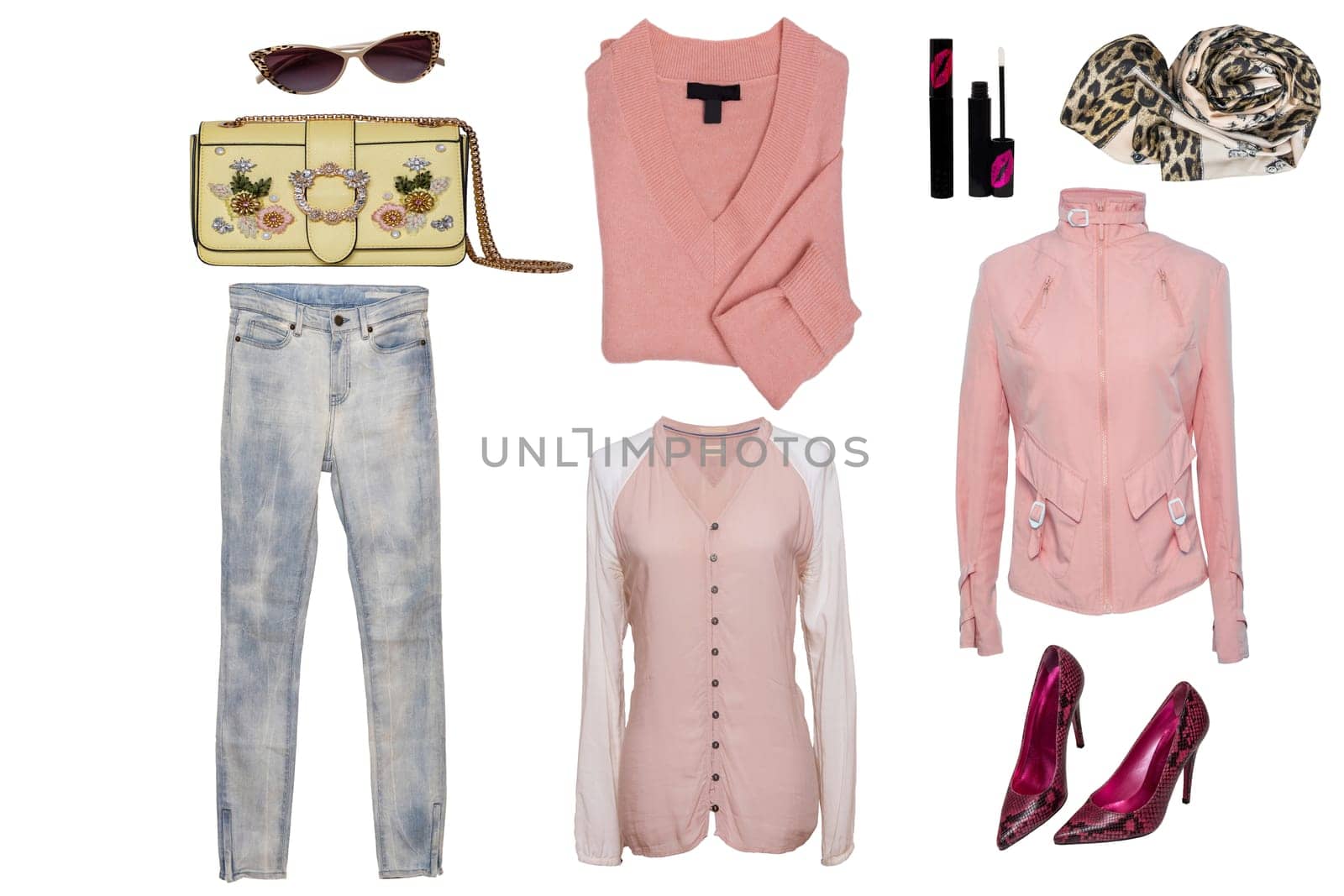 Collage woman clothes. Set of a stylish and trendy women jeans, pink blouse or shirt, red high-heeles, pink jacket, sweater and other accessories isolated on a white background.