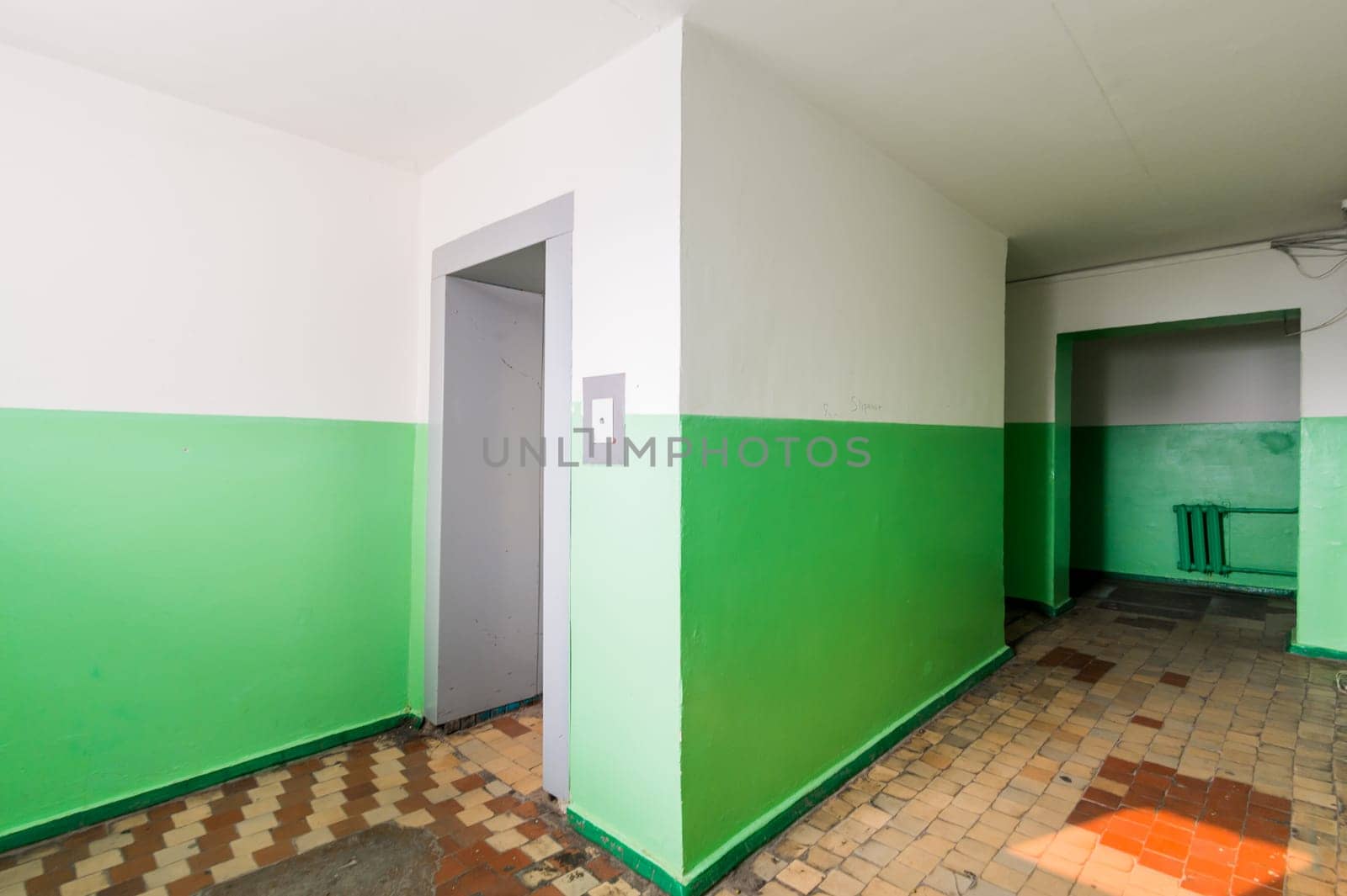Russia, Moscow- July 23, 2019: interior room apartment. standard repair decoration in hostel. public place, porch