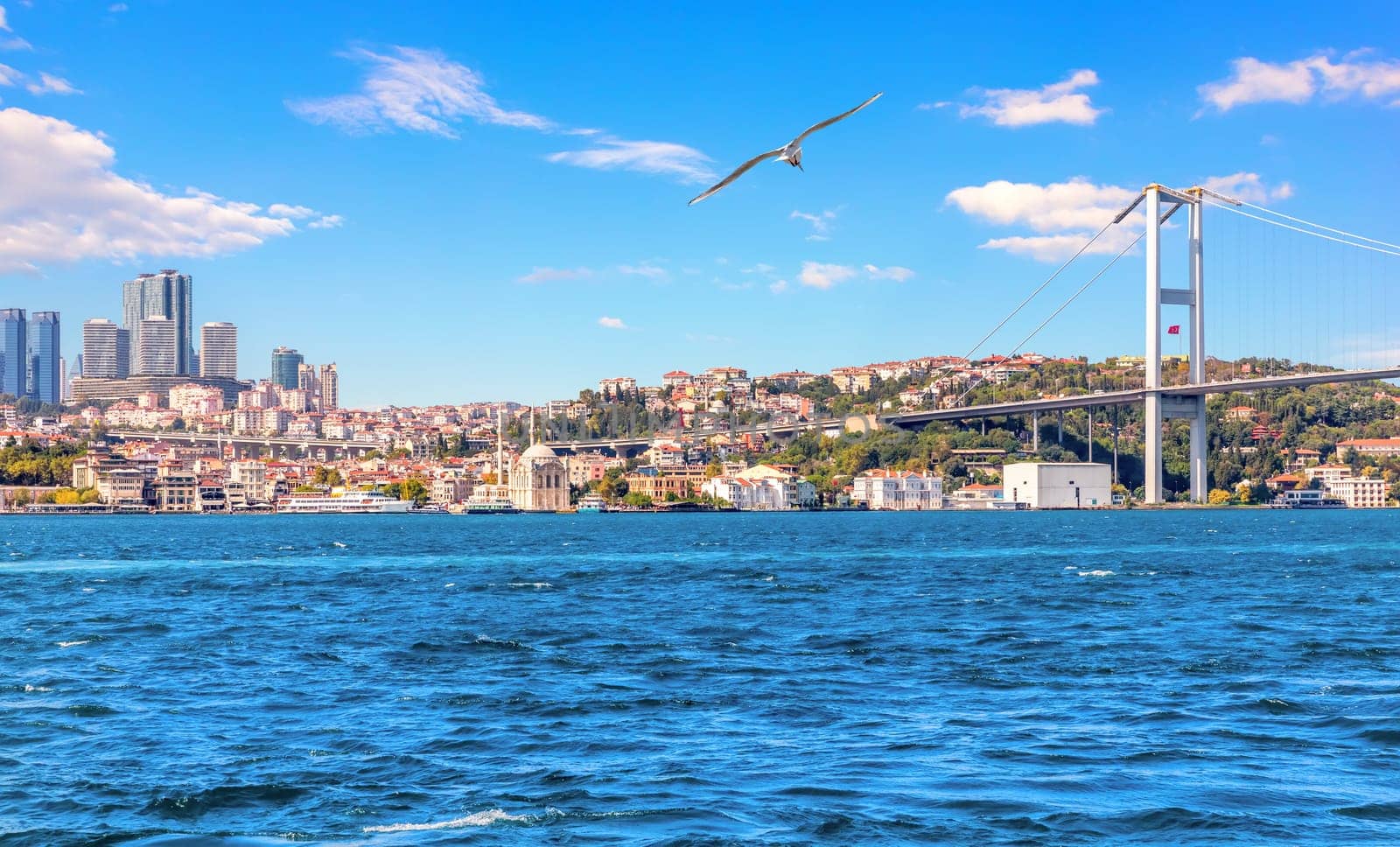 Bosphorus Bridge and Istanbul skyscrappers, beautiful view.