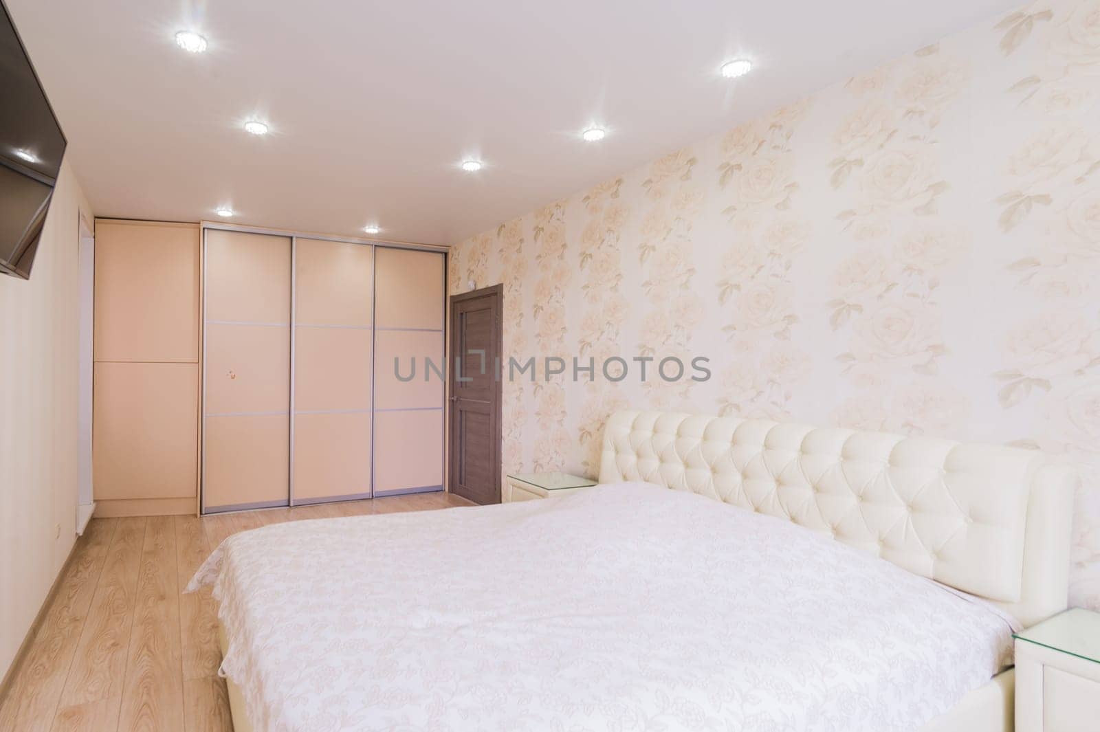 Russia, Moscow- July 23, 2019: interior room apartment. standard repair decoration in hostel. bedroom with bed