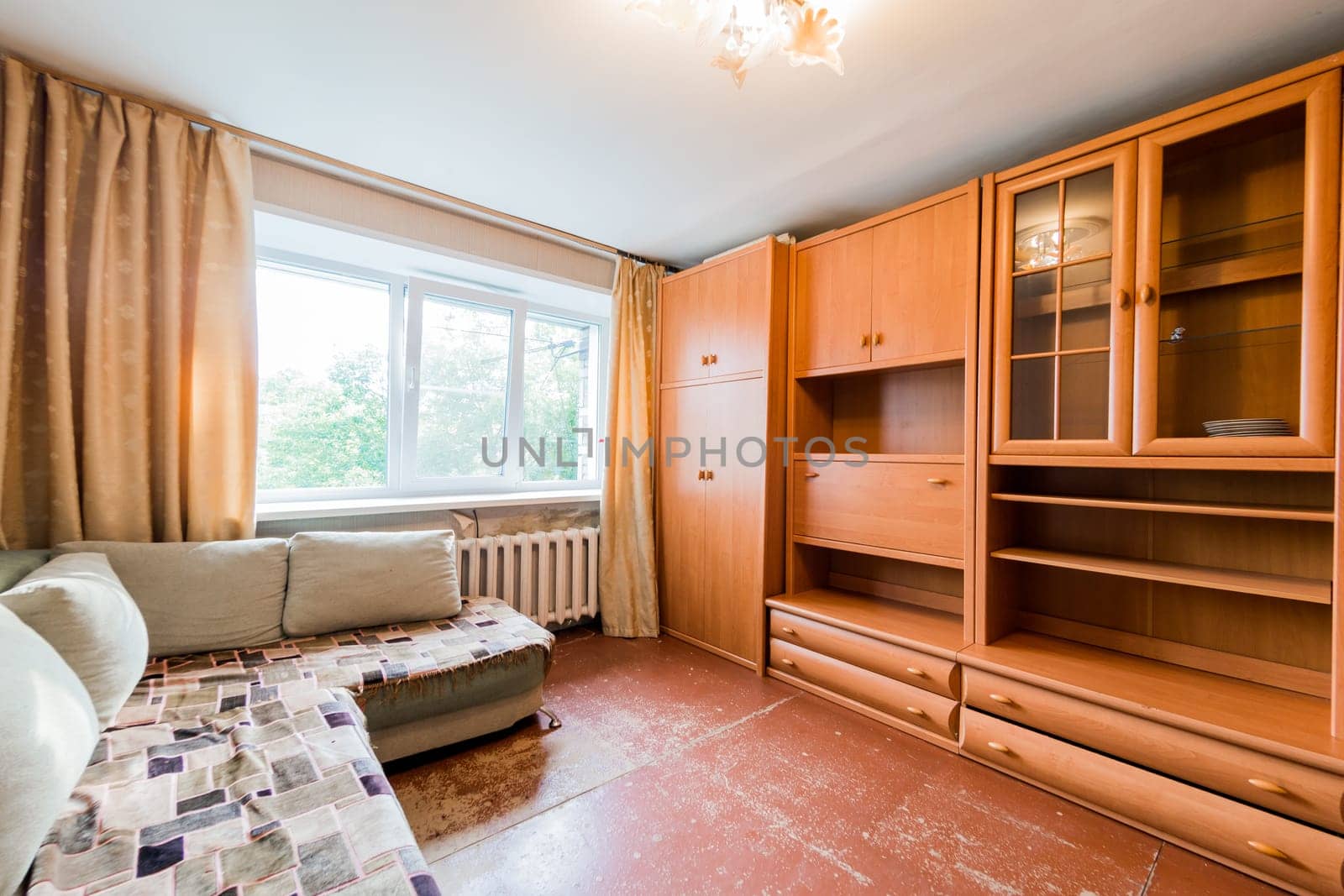 Russia, Moscow- July 23, 2019: interior room apartment. standard repair decoration in hostel. decrepit old careless not modern setting. cosmetic repairs required