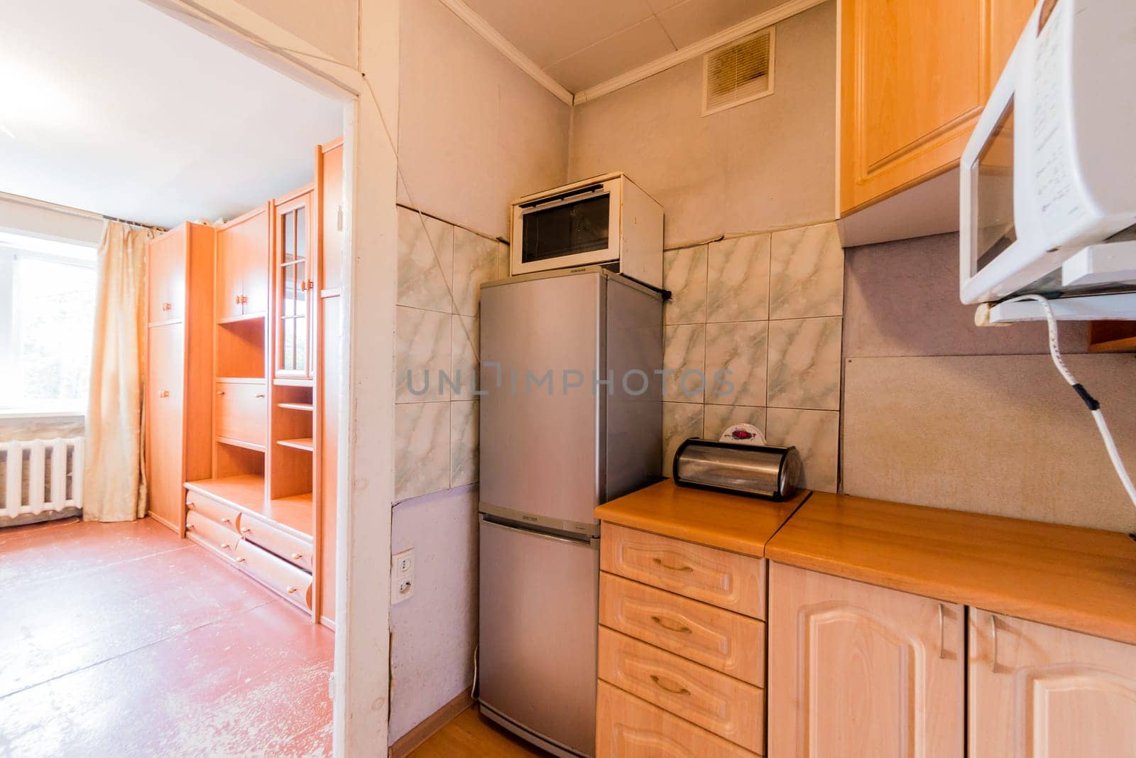 Russia, Moscow- July 23, 2019: interior room apartment. standard repair decoration in hostel. decrepit old careless not modern setting. cosmetic repairs required