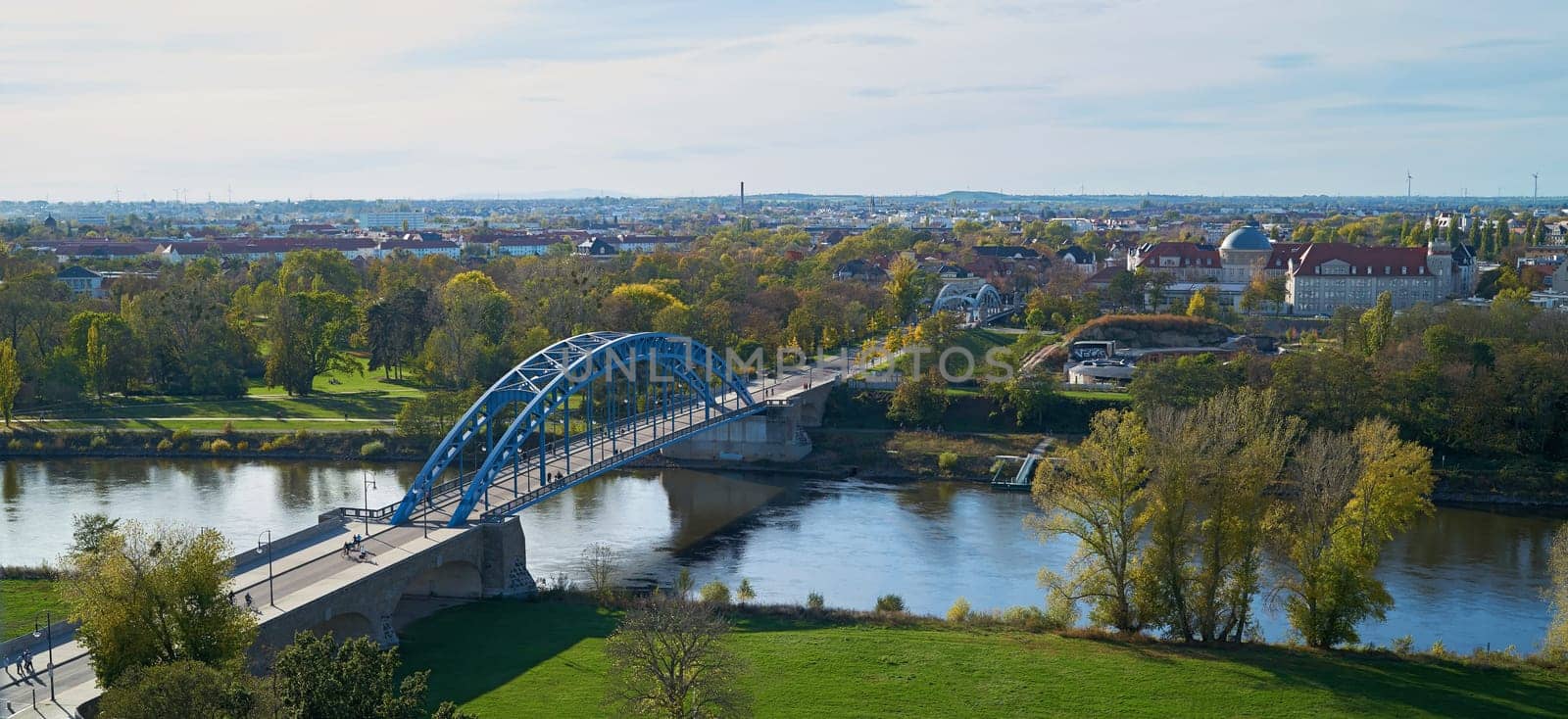 Aerial view of the Star Bridge over the Elbe River at the Elbe Cycle Route near Magdeburg