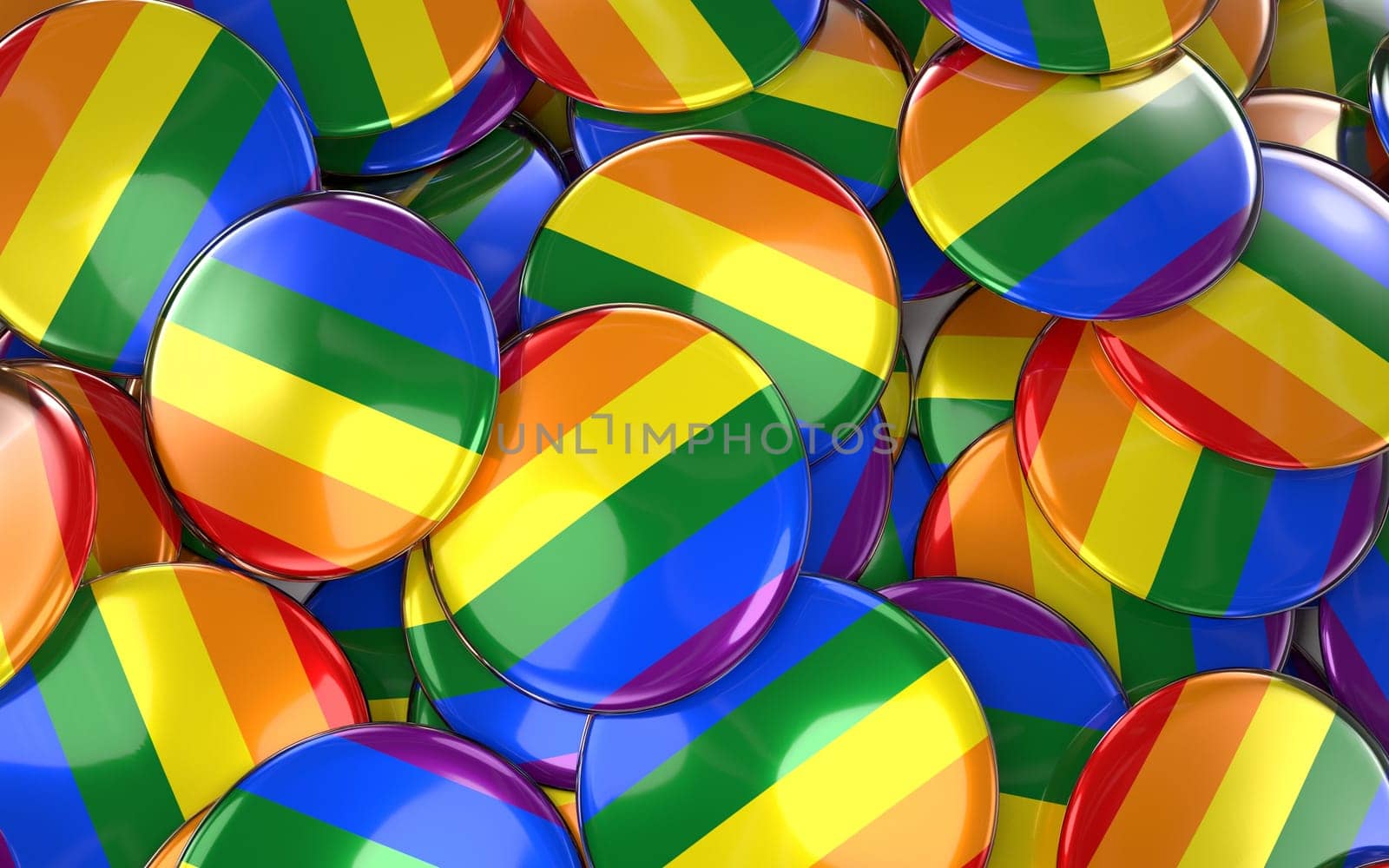 Gay Pride Badges Background - Pile of Rainbow Flag Buttons. 3D rendering