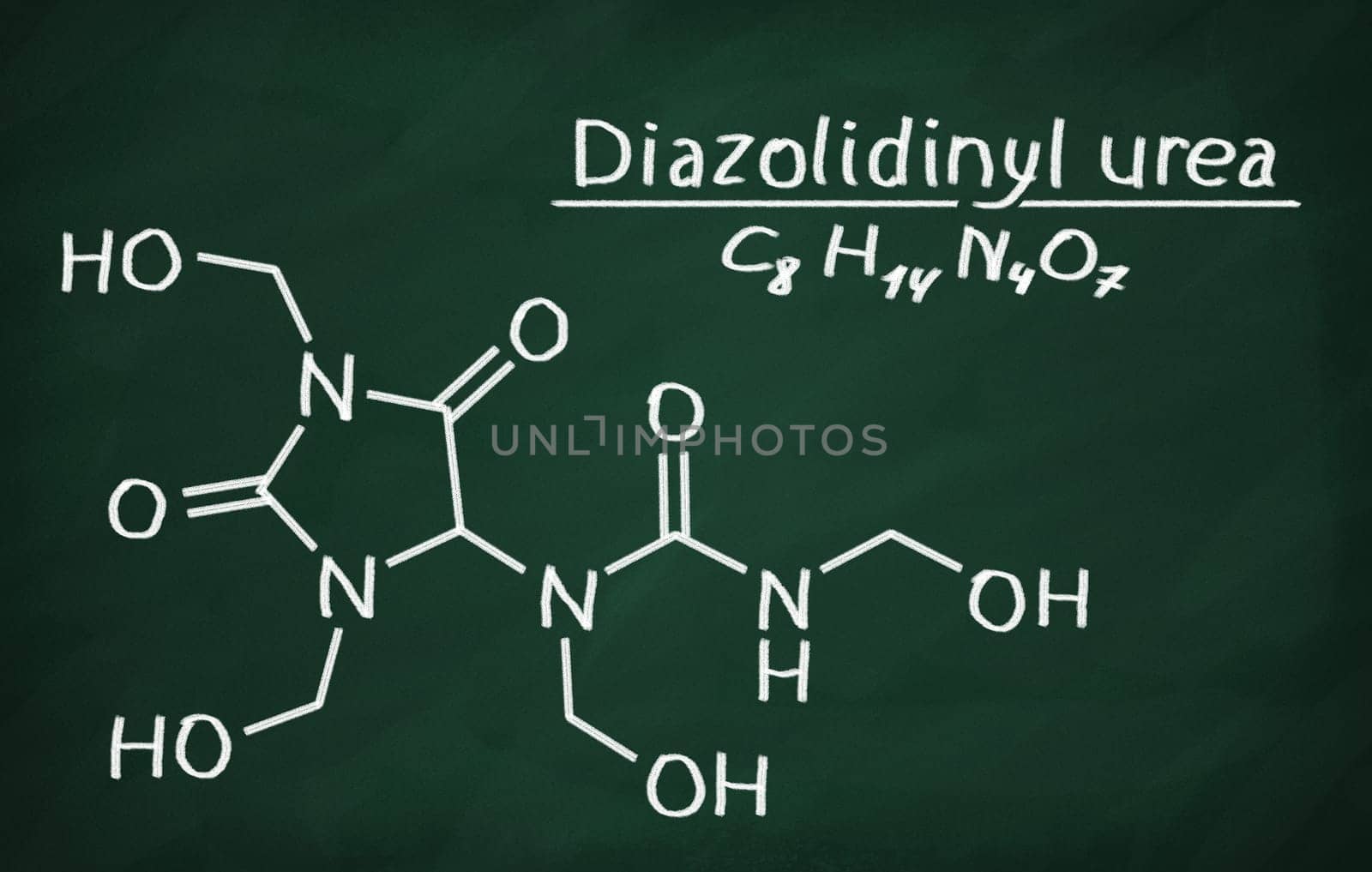 Structural model of Diazolidinyl urea on the blackboard.