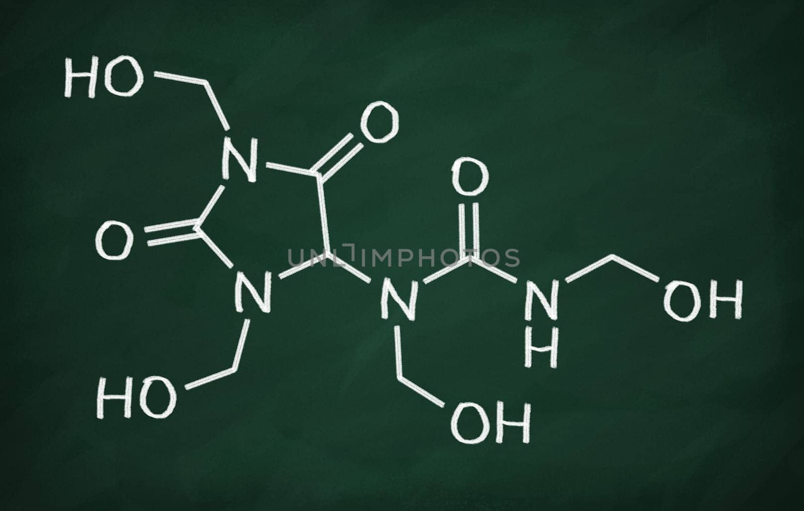 Structural model of Diazolidinyl urea on the blackboard.