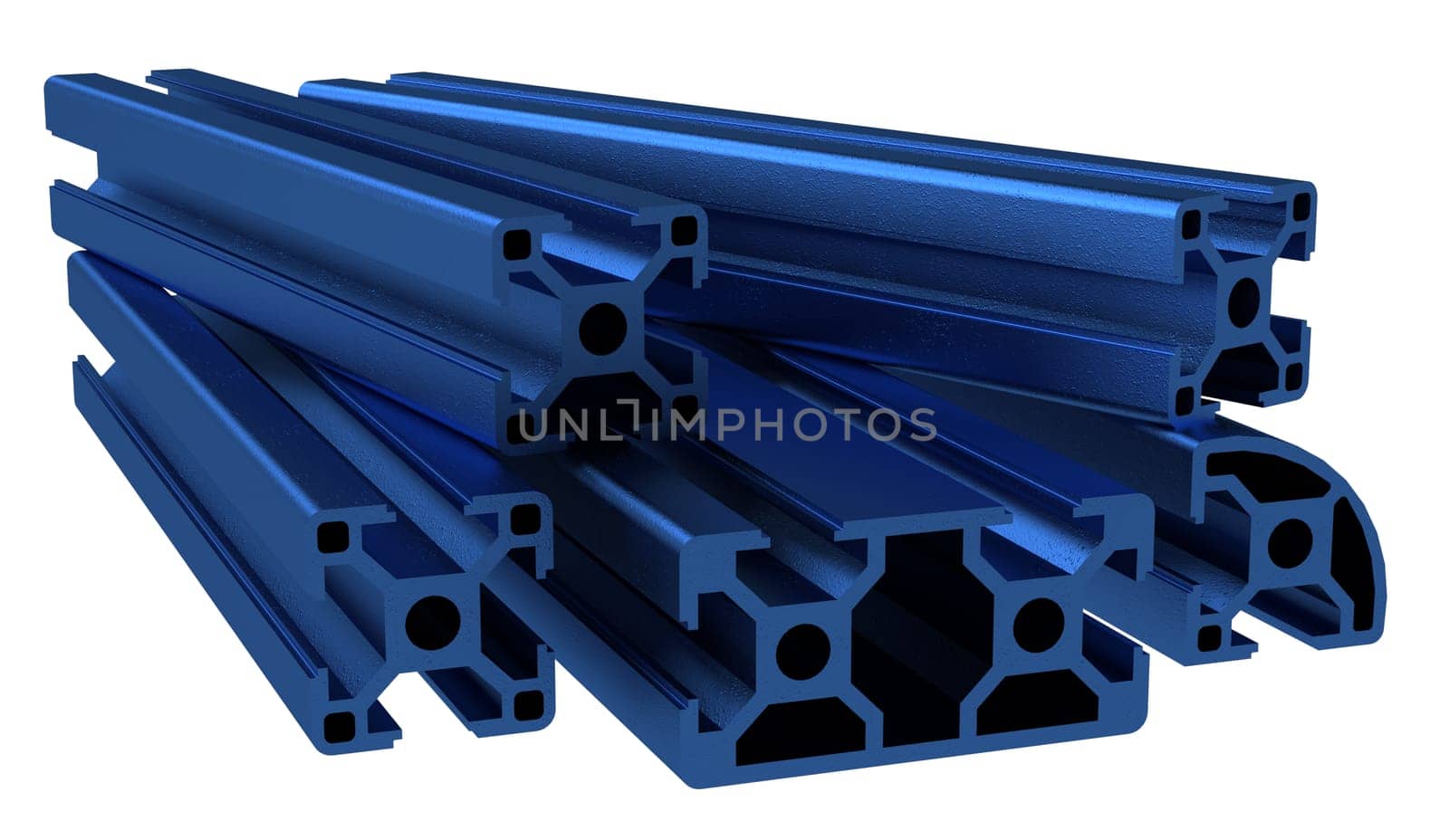 Several aluminum profile accessory isolated on white background. 3D rendering.