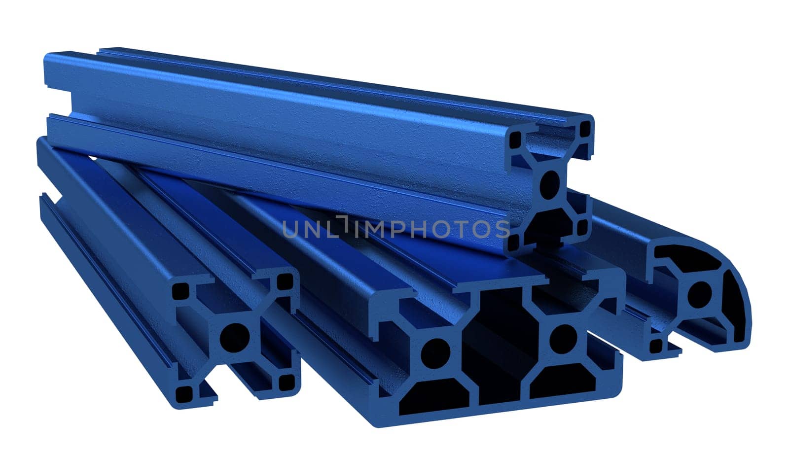 Several aluminum profile accessory isolated on white background. 3D rendering.