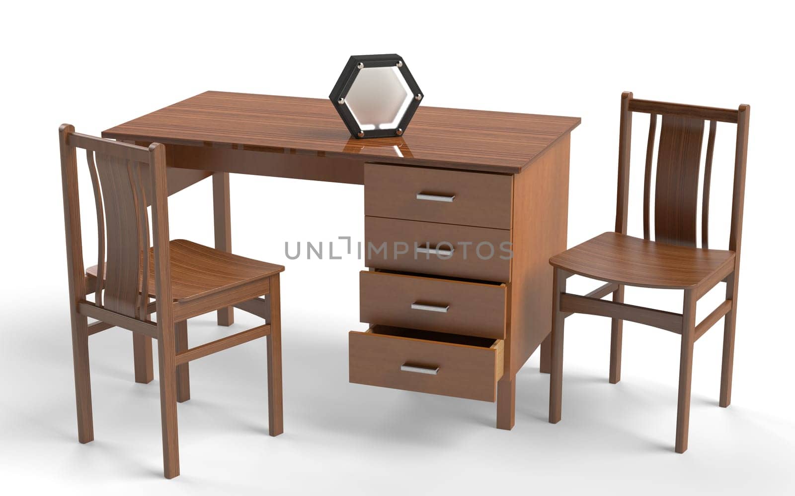 Old style chair and desk table. 3D rendering.