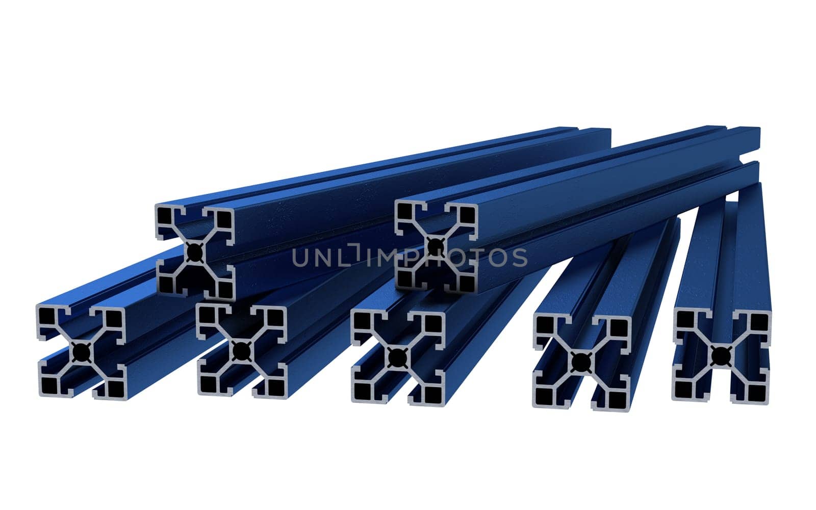 Several aluminum profile accessory isolated on white background. 3D rendering.