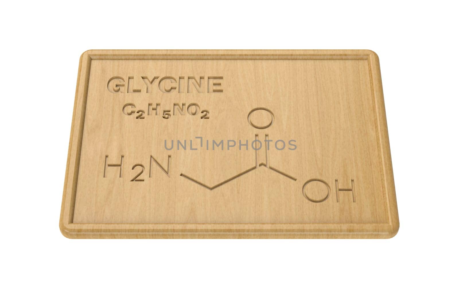 Structural model of Glycine on the wooden plate. 3D rendering.