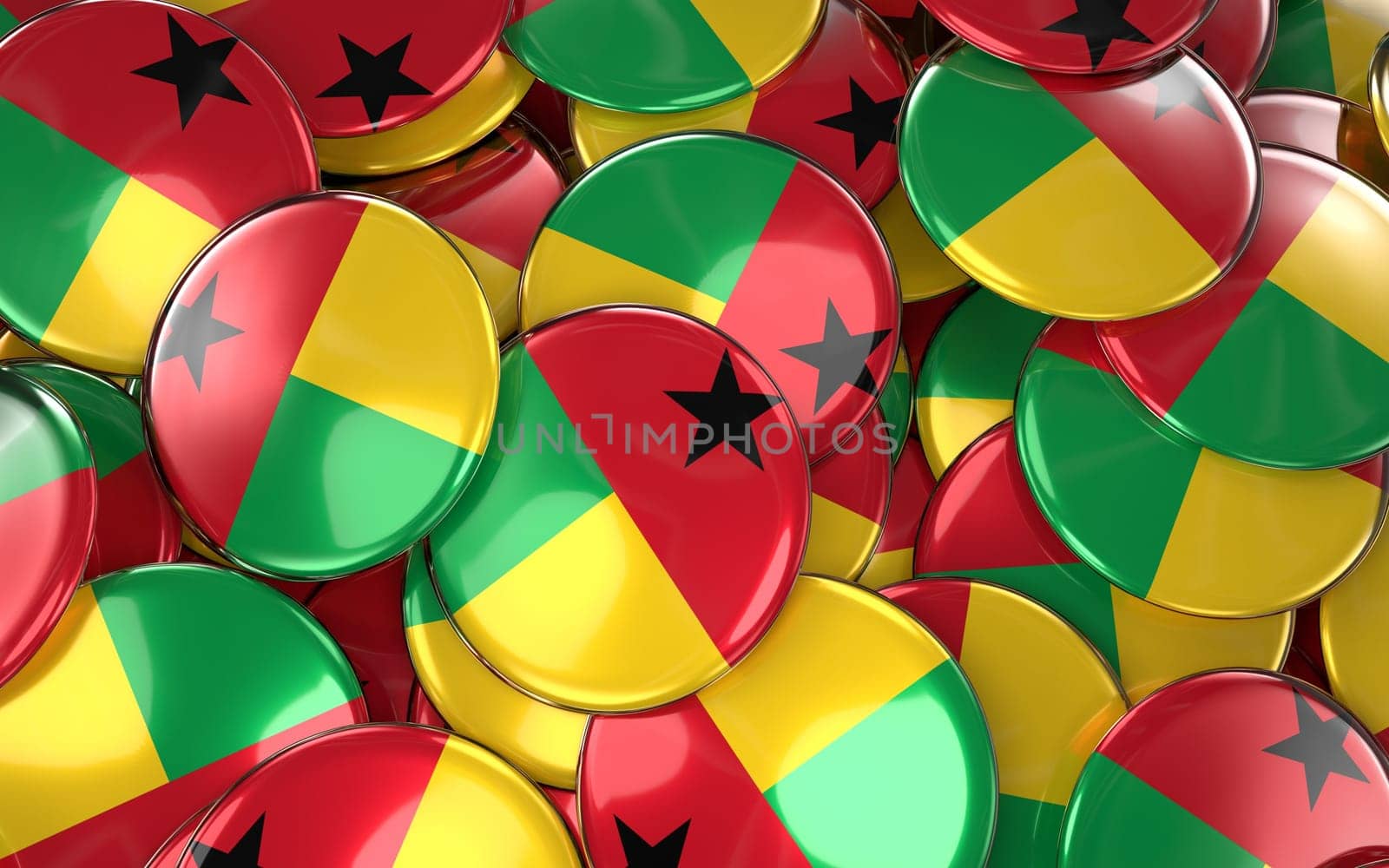 Guinea-Bissau Badges Background - Pile of Bissau-guinean Flag Buttons. 3D Rendering