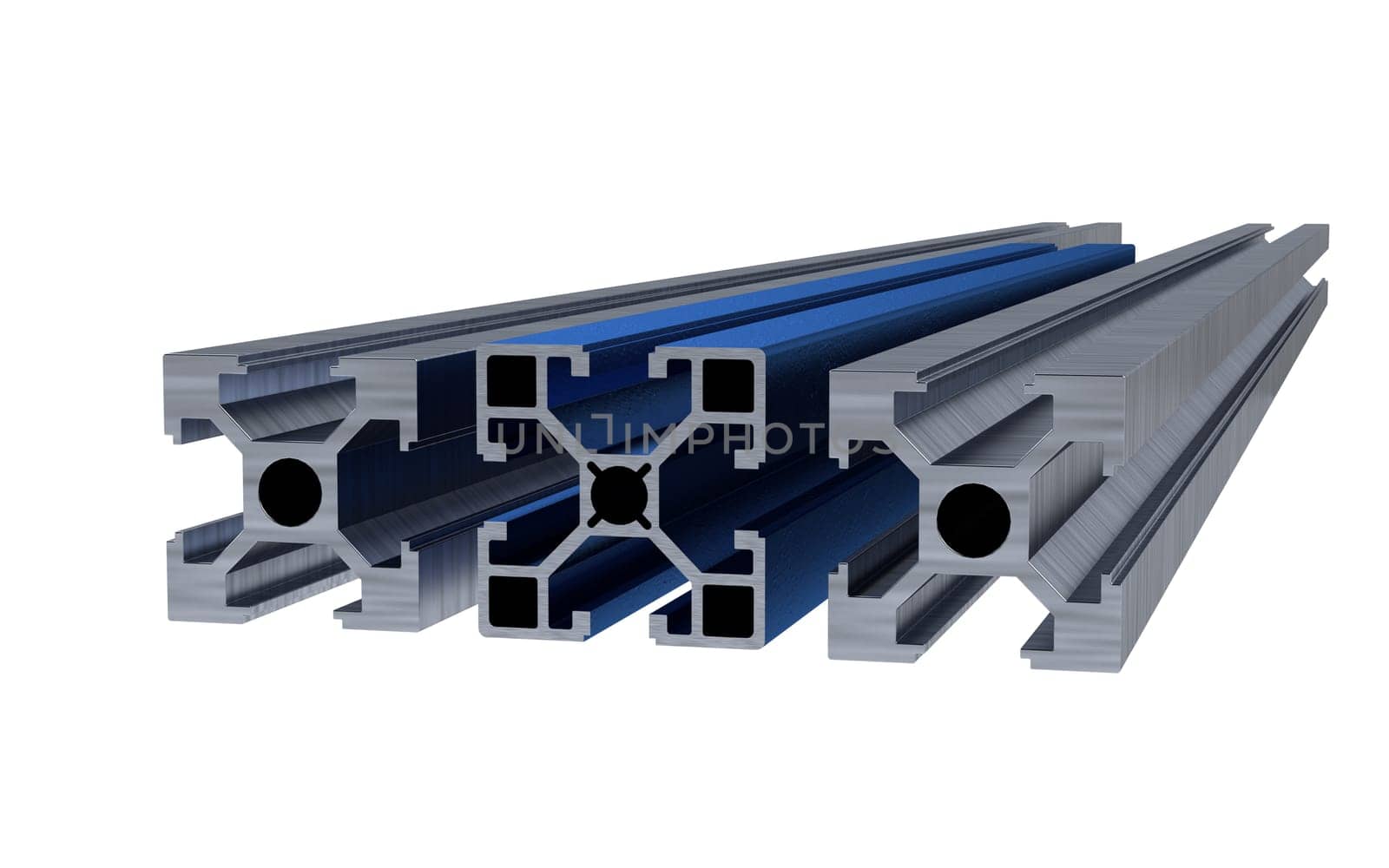 Several aluminum profile accessory isolated on white background. 3D rendering.