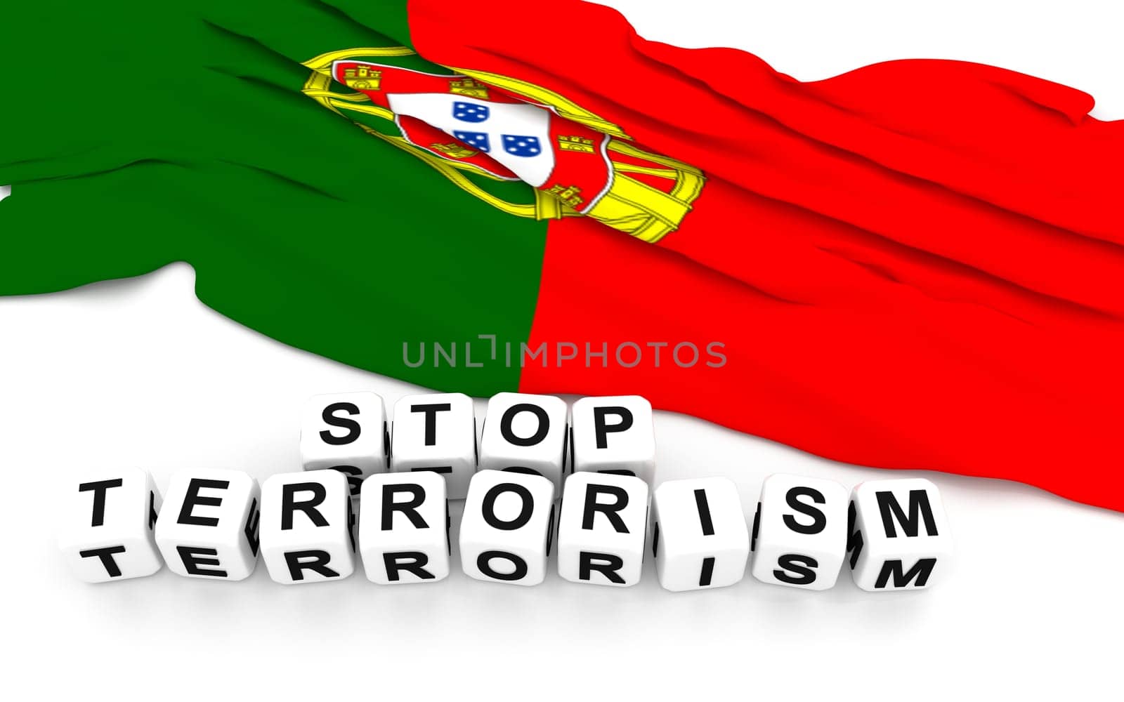 Portuguese flag and text stop terrorism. 3D rendering.