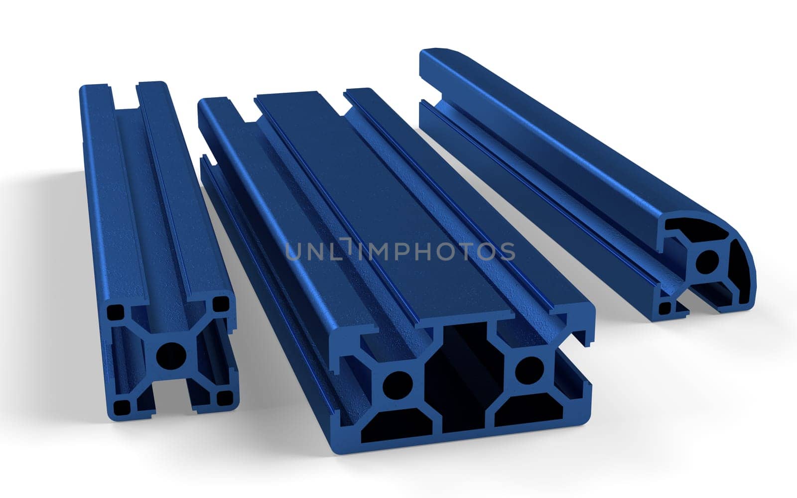 Several aluminum profile accessory isolated on white background. 3D rendering.