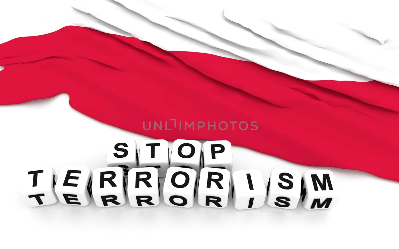 Polish flag and text stop terrorism. 3D rendering.