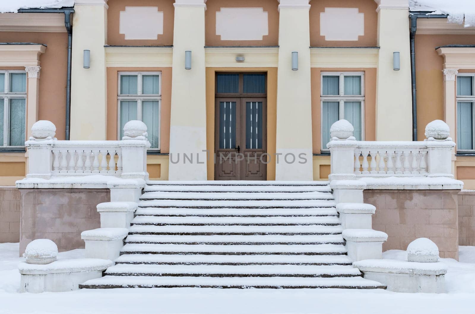 Winter snow on medieval staircase in Renavas, Lithuania