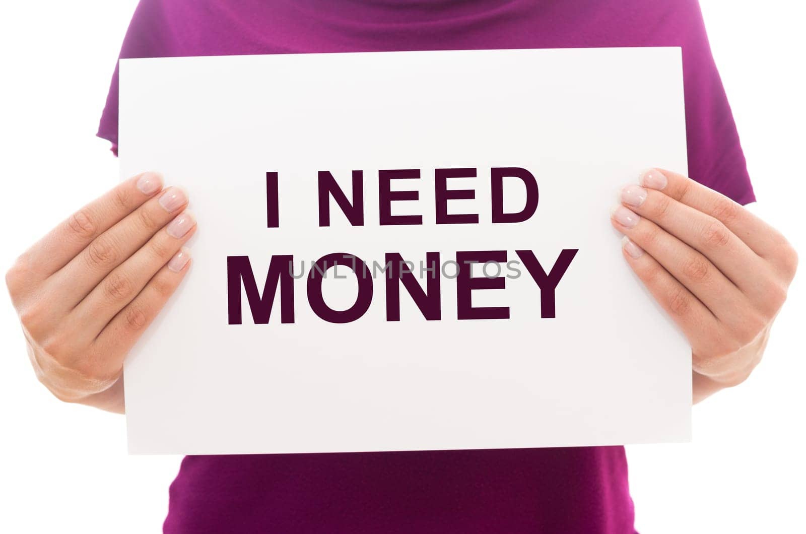 Girl holding white paper sheet with text I need money