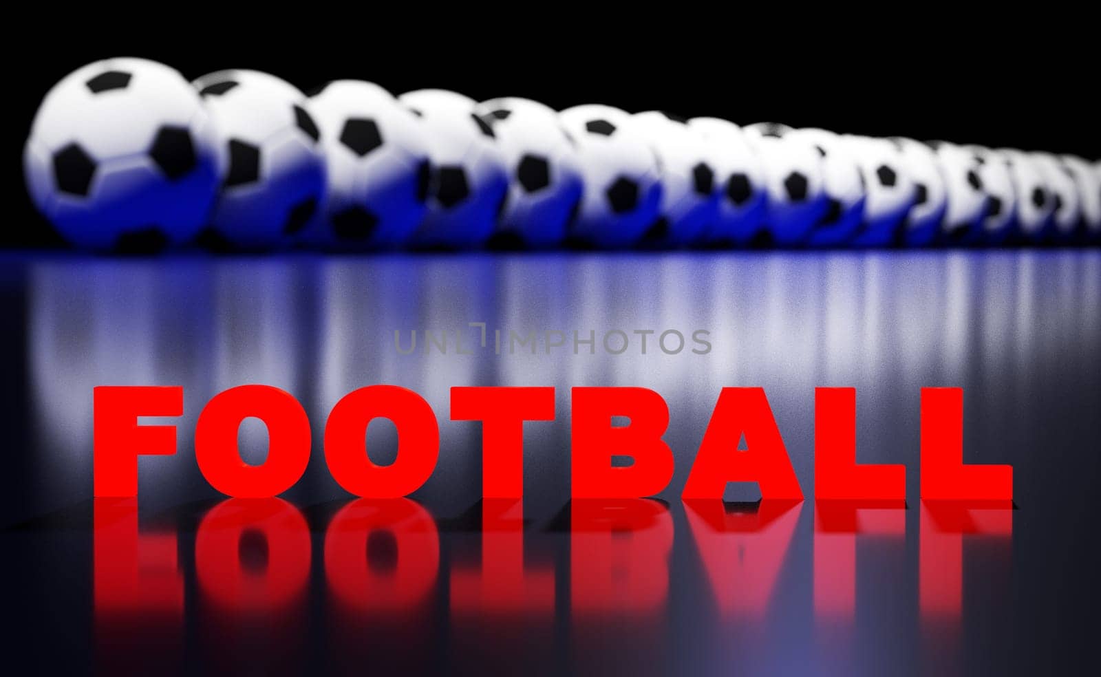 Several football balls and text football on the dark background with reflections. 3D rendering.