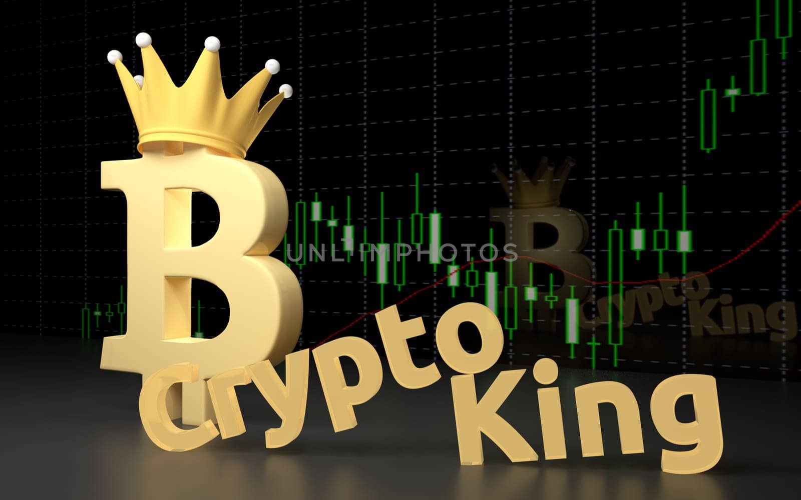 Bitcoin currency sign and text CryptoKing on the dark background. 3D rendering.