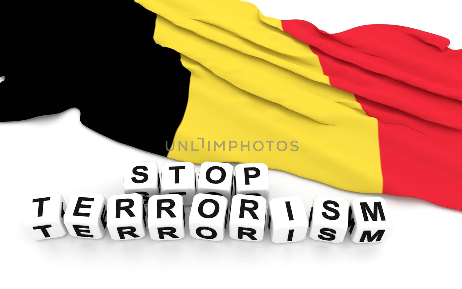 Belgian flag and text stop terrorism. 3D rendering.