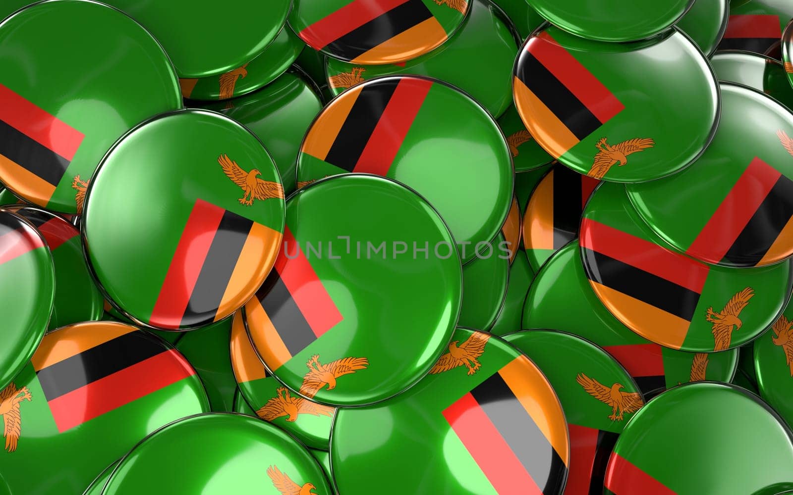Zambia Badges Background - Pile of Zambian Flag Buttons. 3D Rendering