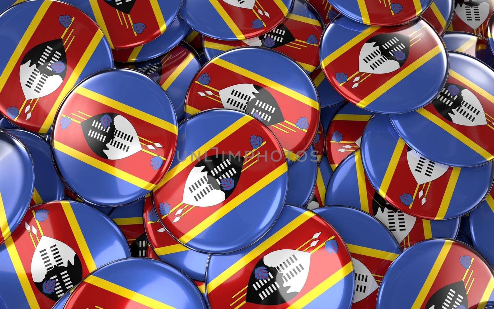 Swaziland Badges Background - Pile of Swazi Flag Buttons. 3D Rendering