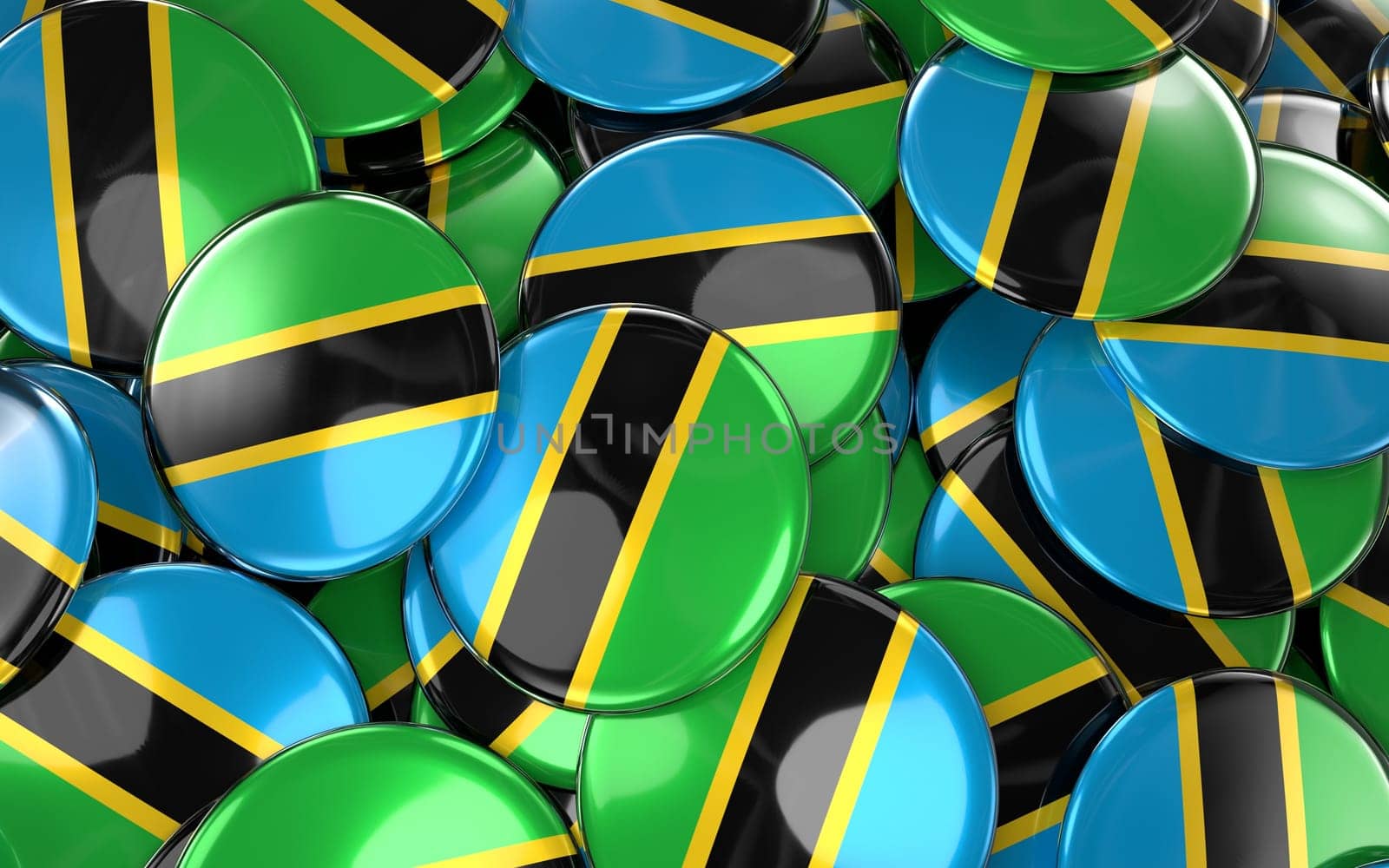 Tanzania Badges Background - Pile of Tanzania Flag Buttons. 3D Rendering