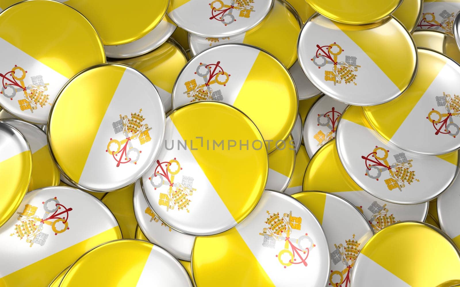 Vatican Badges Background - Pile of Vatican Flag Buttons. 3D Rendering