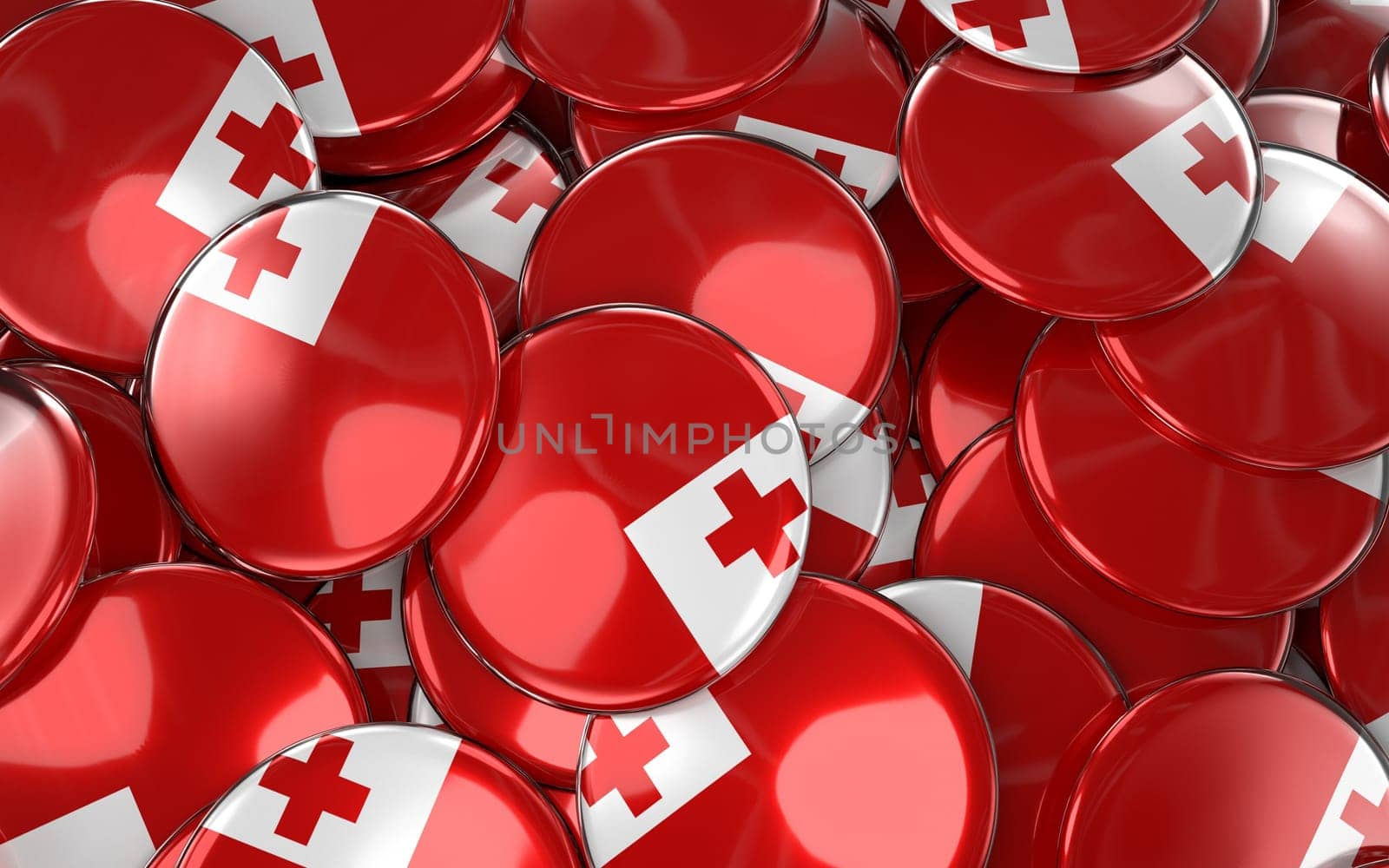 Tonga Badges Background - Pile of Tonga Flag Buttons. 3D Rendering