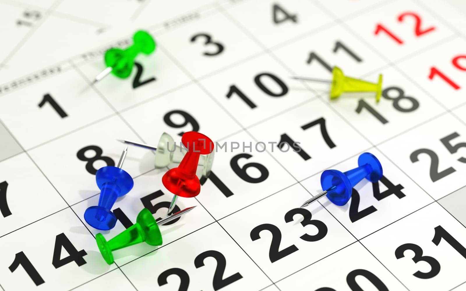 Red pin marking the 15th on a calendar. 3D rendering.