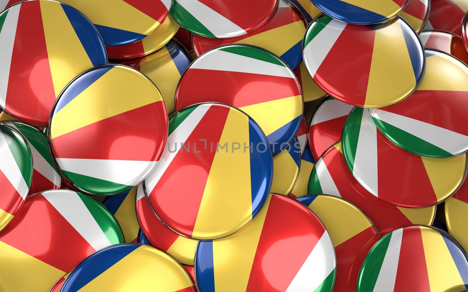 Seychelles Badges Background - Pile of Seychelles Flag Buttons. 3D Rendering