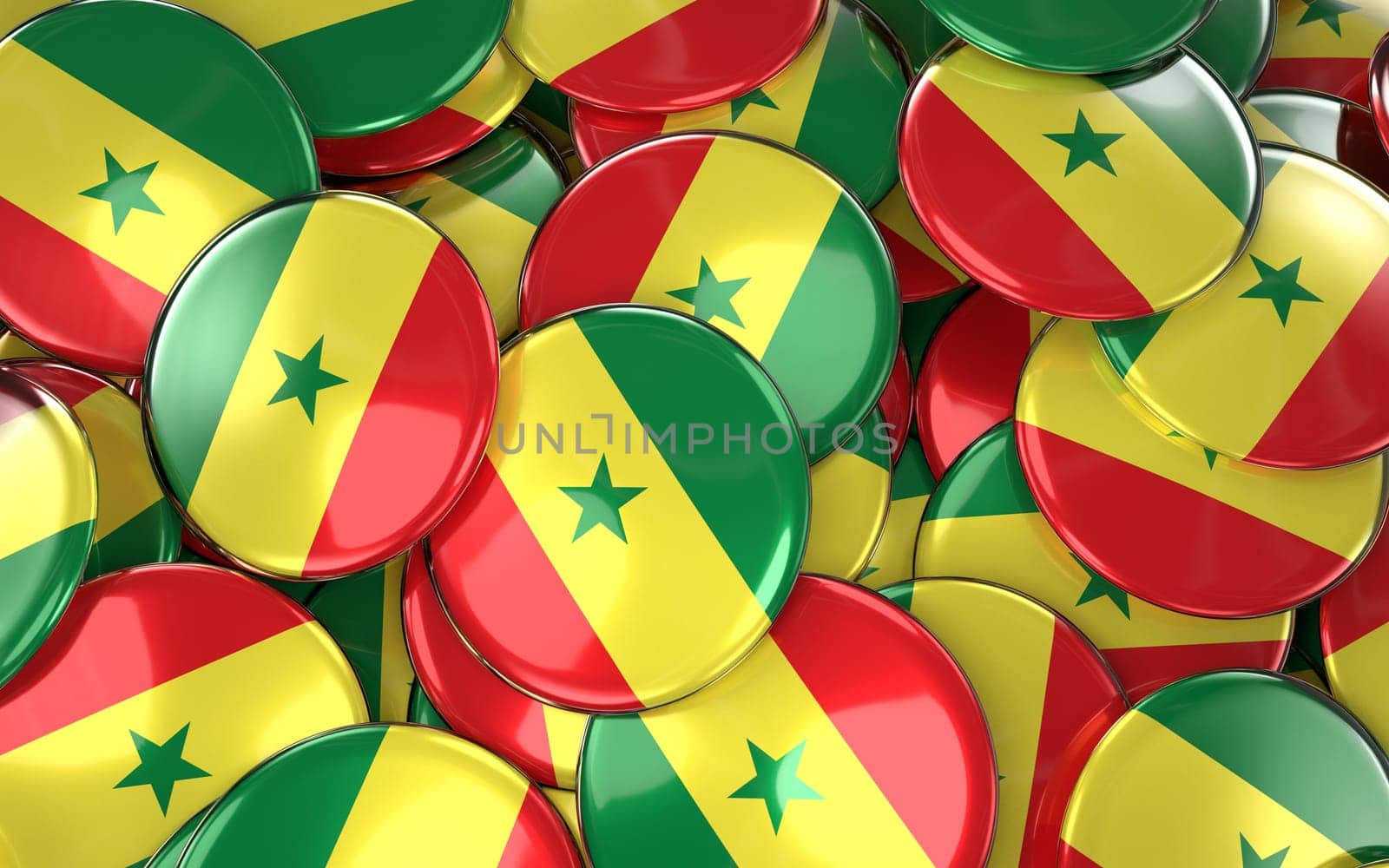 Senegal Badges Background - Pile of senegalese Flag Buttons. 3D Rendering