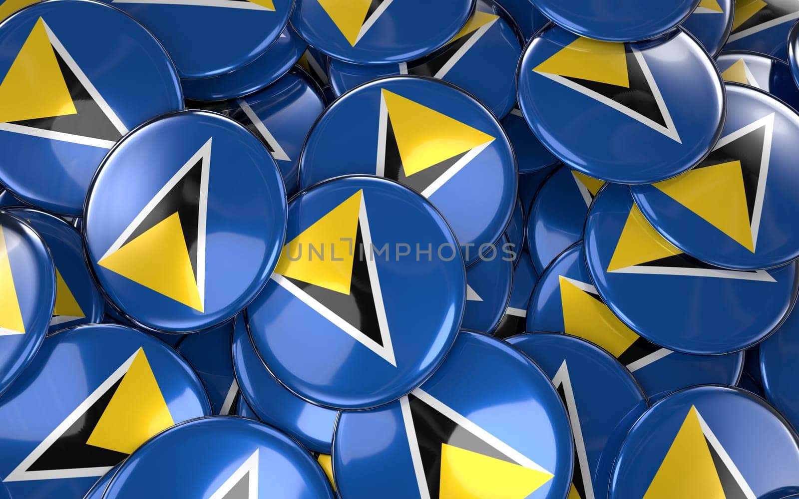 Saint Lucia Badges Background - Pile of Saint Lucian Flag Buttons. 3D Rendering