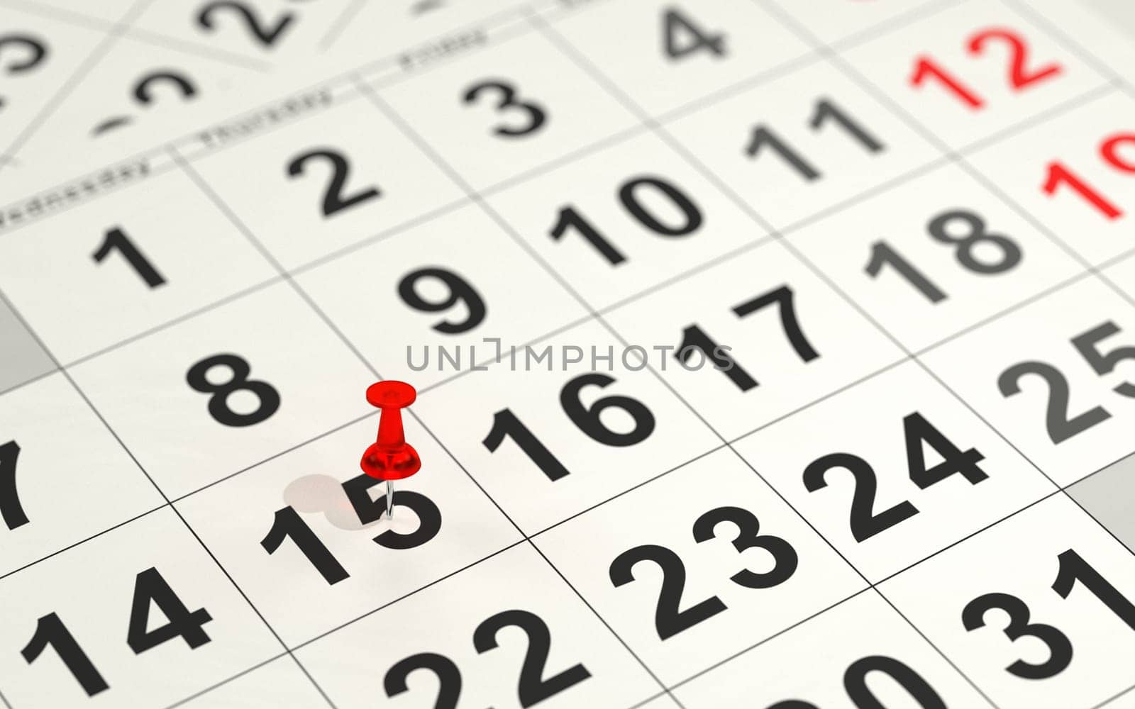 Red pin marking the 15th on a calendar. 3D rendering.