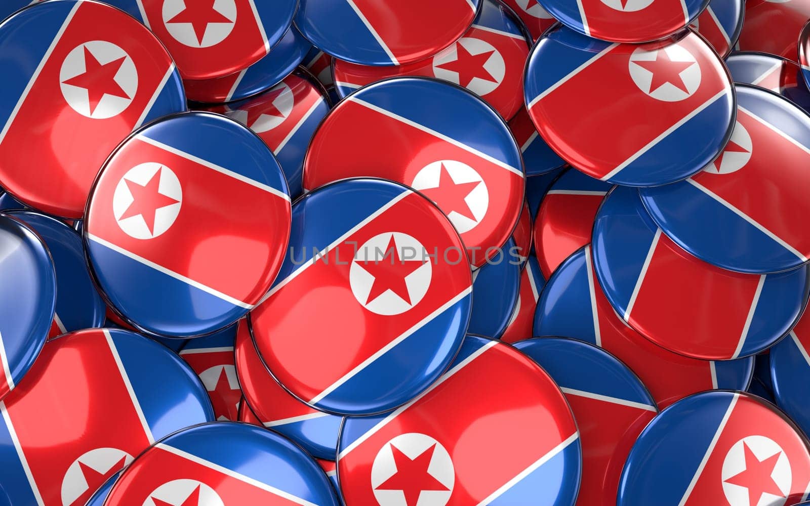 North Korea Badges Background - Pile of North Korean Flag Buttons. 3D Rendering