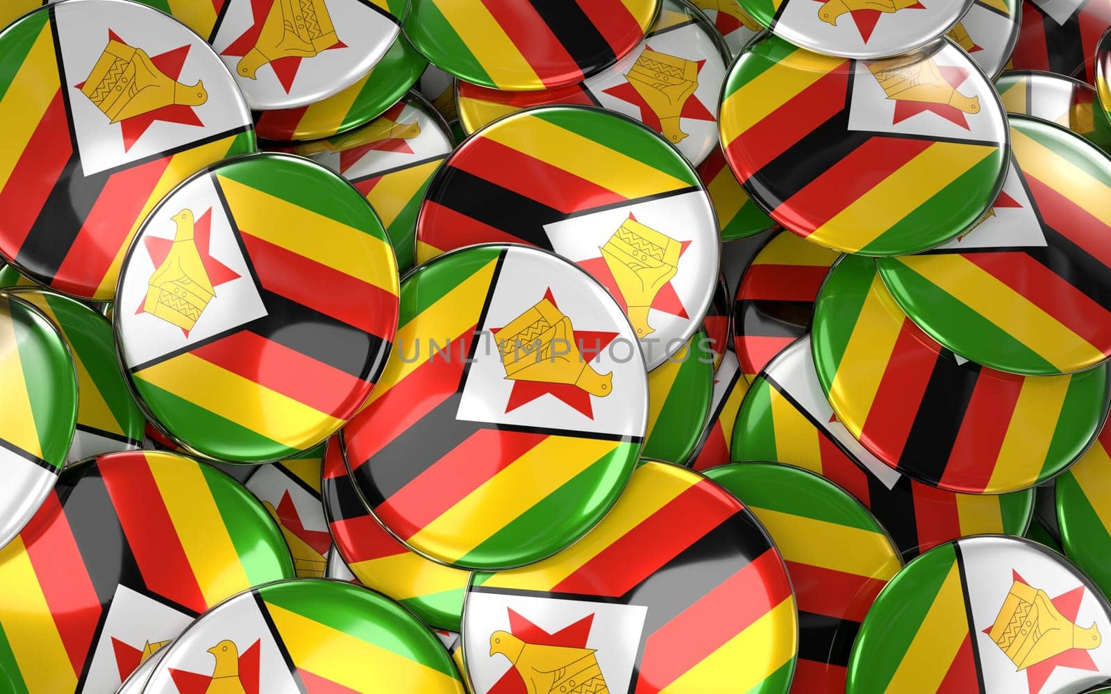 Zimbabwe Badges Background - Pile of zimbabwean Flag Buttons. 3D Rendering
