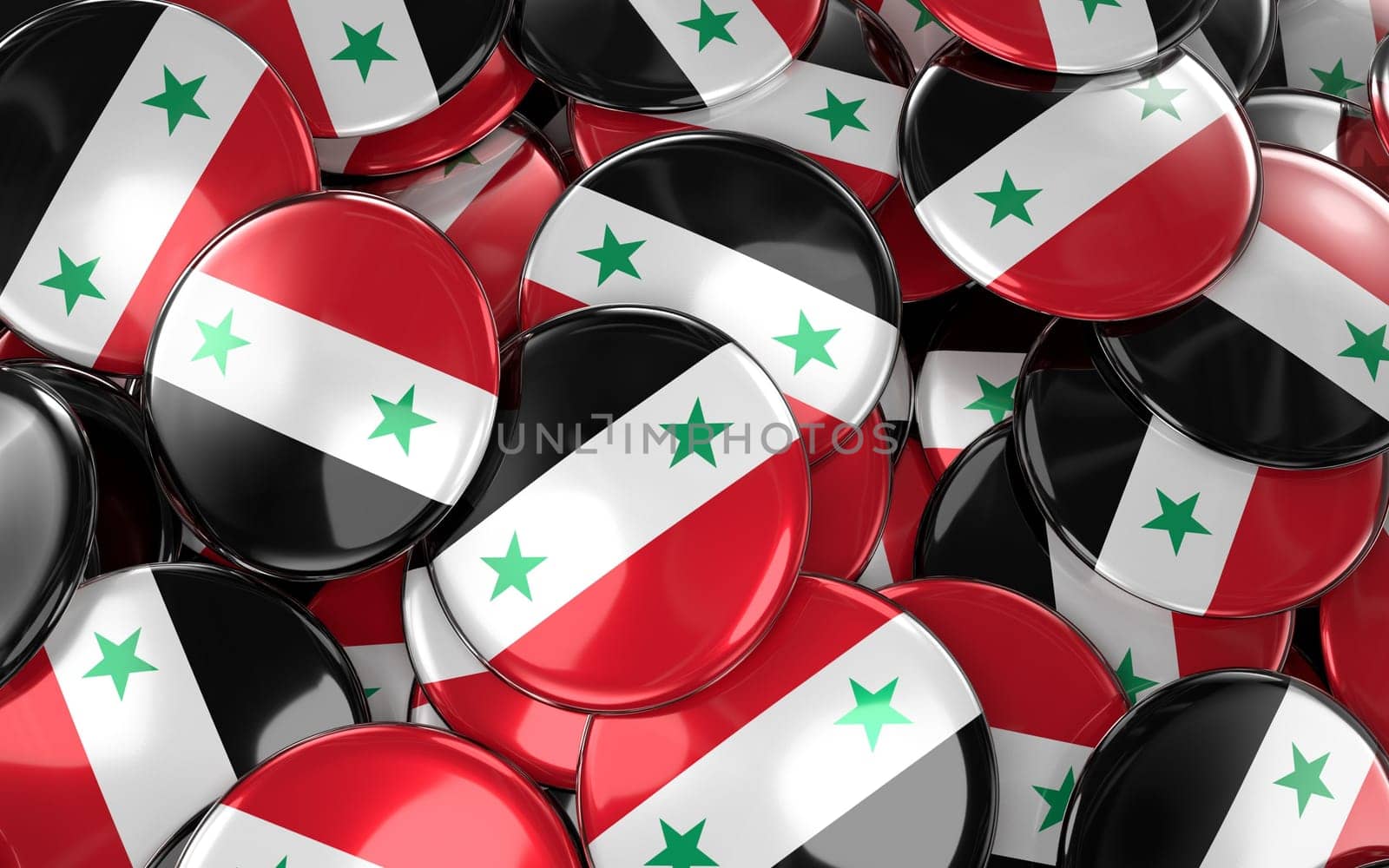 Syria Badges Background - Pile of Syrian Flag Buttons. 3D Rendering