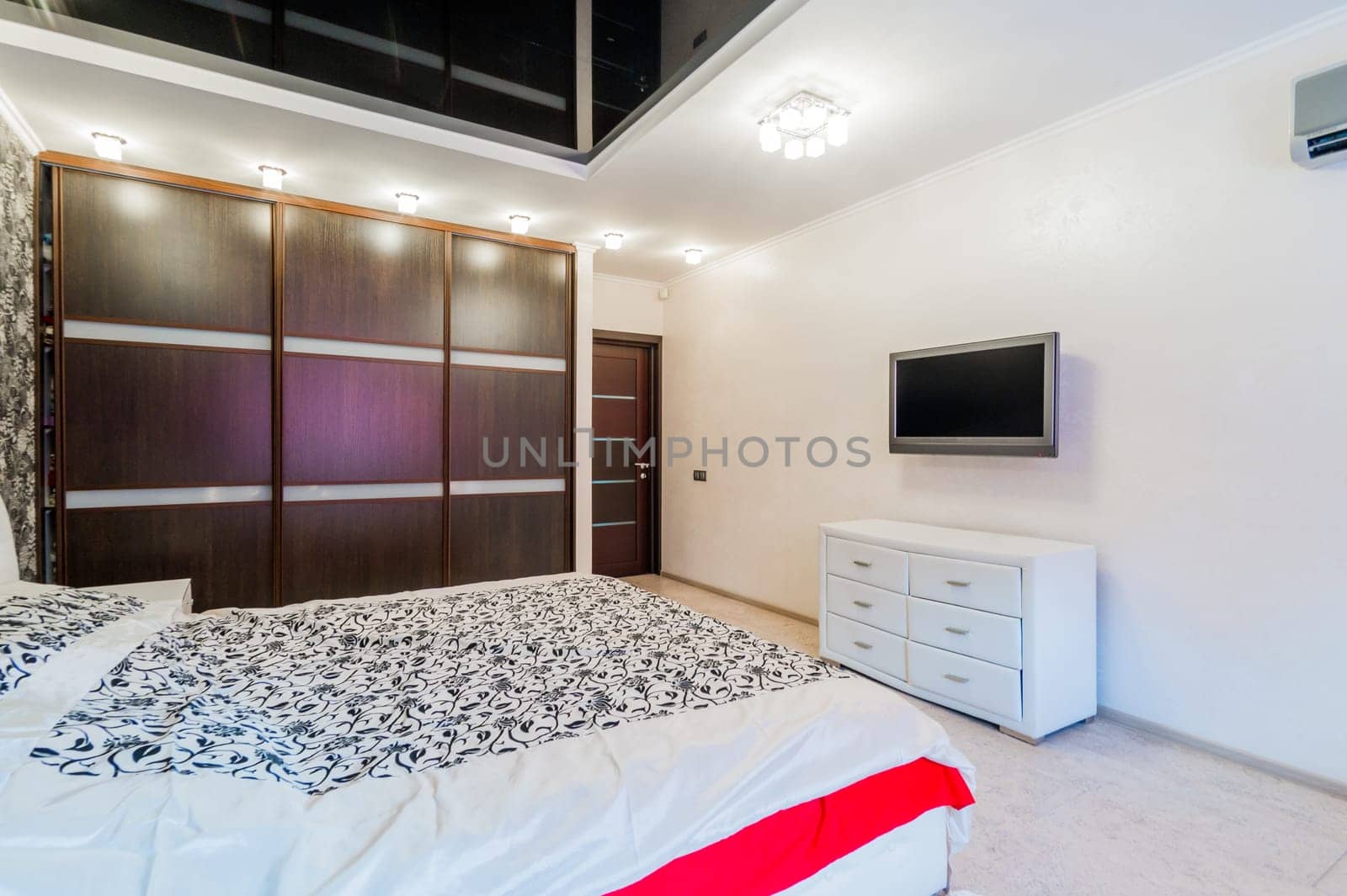 Russia, Moscow- July 23, 2019: interior room apartment. standard repair decoration in hostel. bedroom with bed