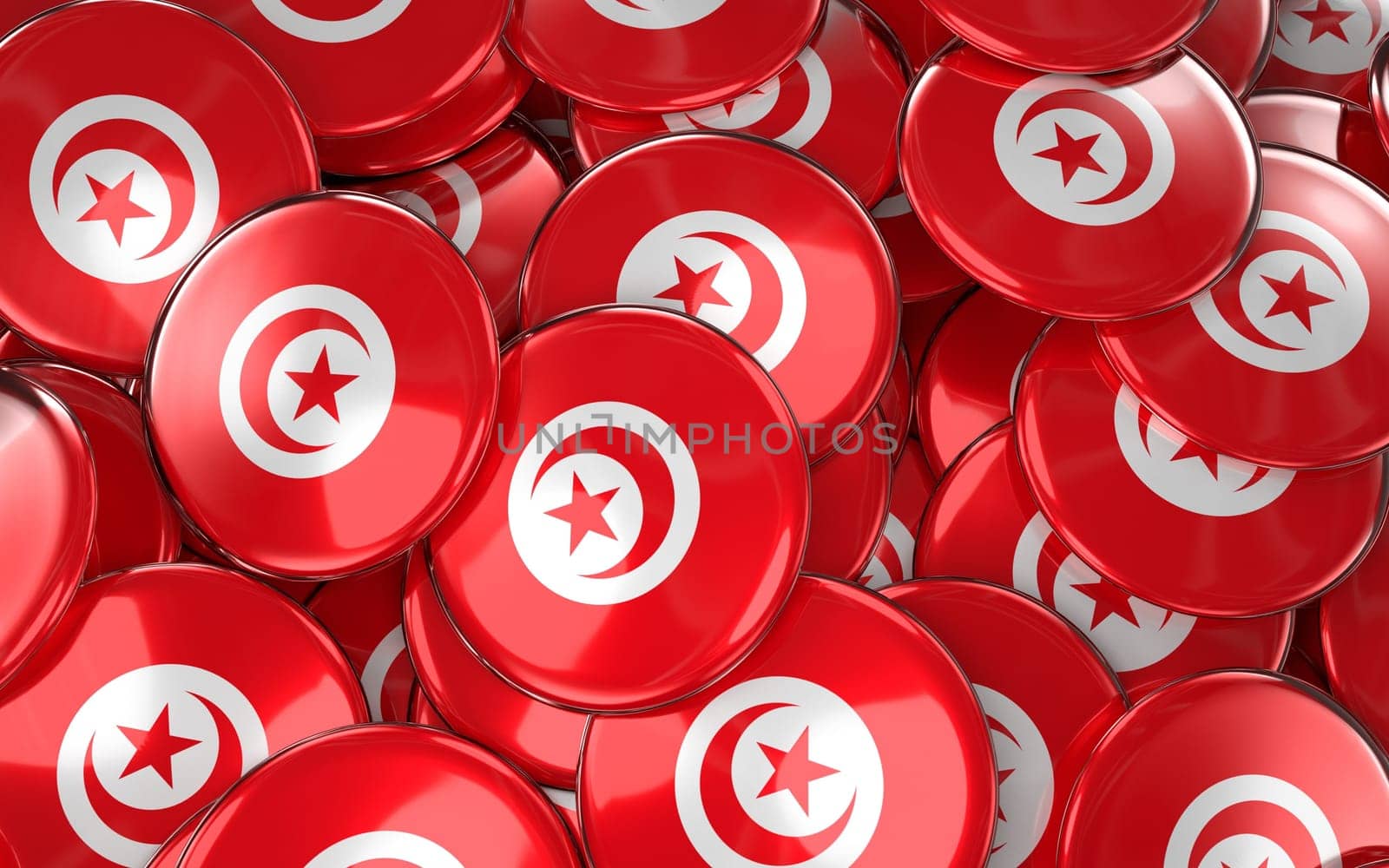 Tunisia Badges Background - Pile of Tunisian Flag Buttons. 3D Rendering