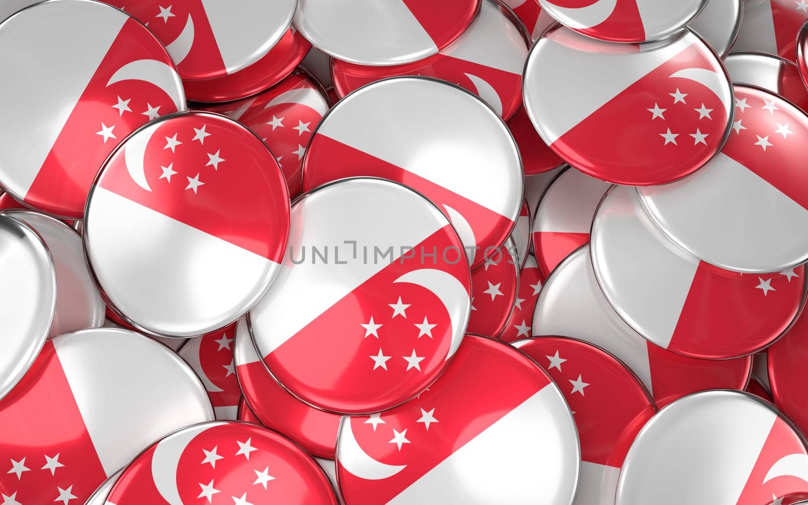 Singapore Badges Background - Pile of Singaporean Flag Buttons. 3D Rendering