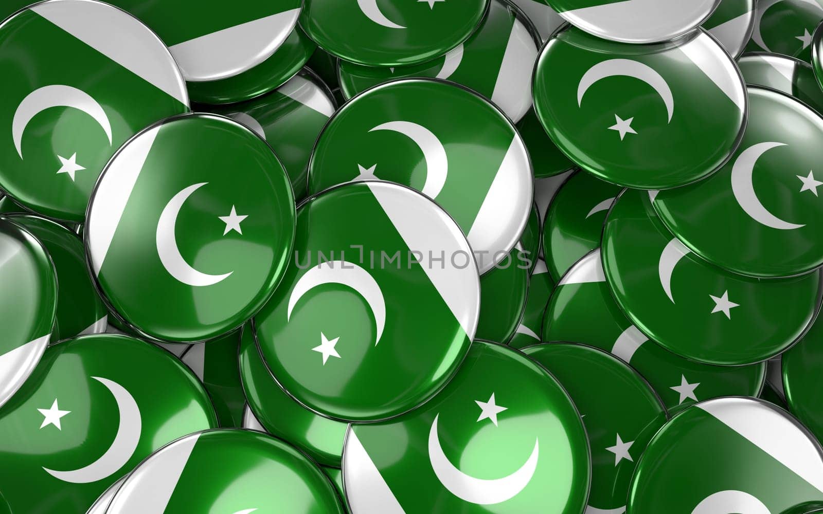 Pakistan Badges Background - Pile of Pakistani Flag Buttons. 3D Rendering