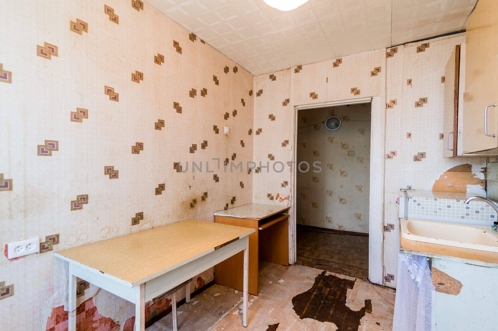 Russia, Moscow- July 23, 2019: interior room apartment. standard repair decoration in hostel. kitchen and dining room