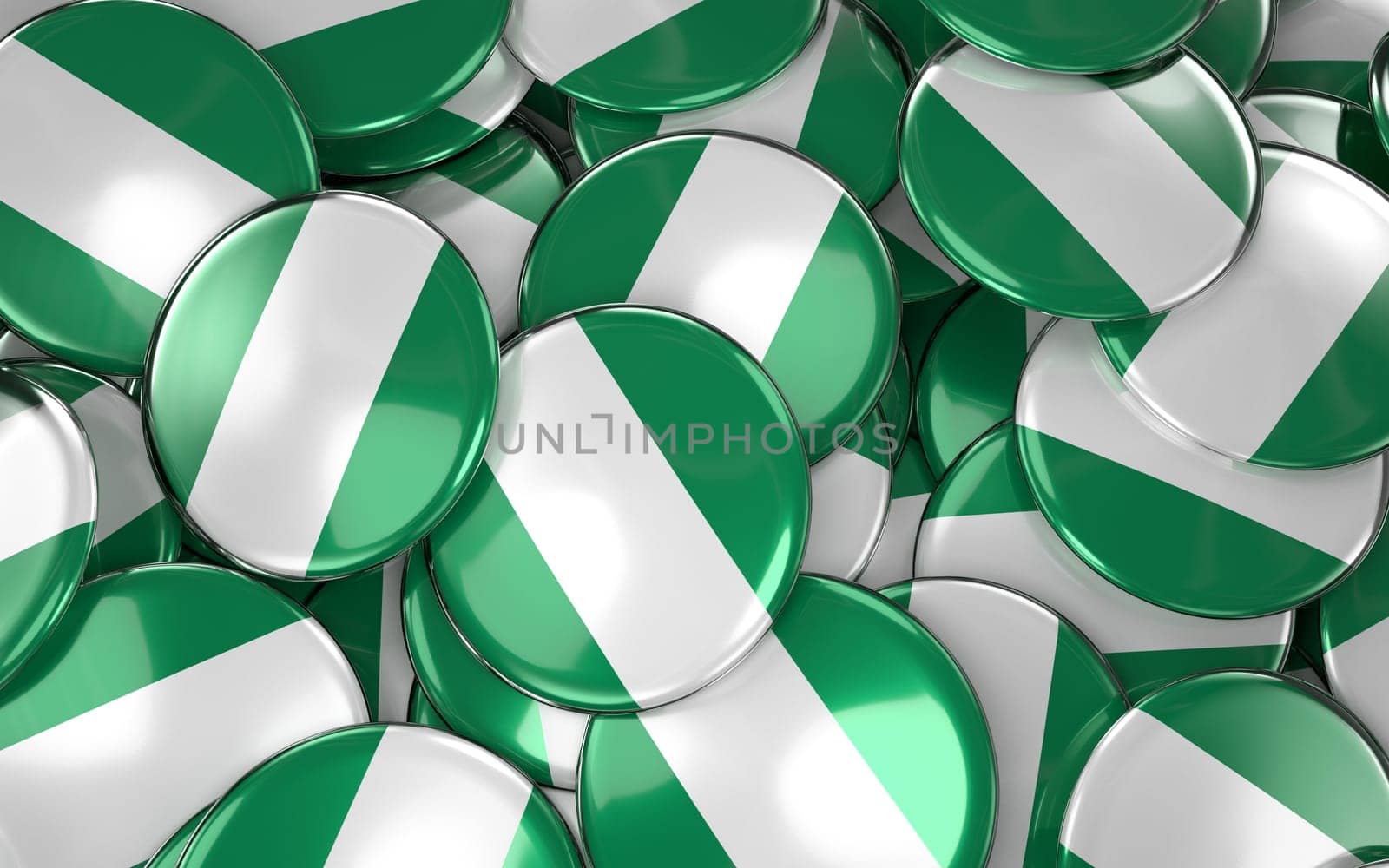 Nogeria Badges Background - Pile of Nigerian Flag Buttons. 3D Rendering
