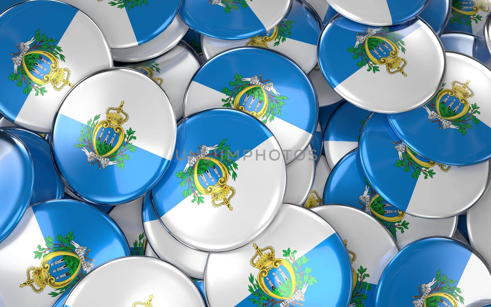 San Marino Badges Background - Pile of sammarinese Flag Buttons. 3D Rendering