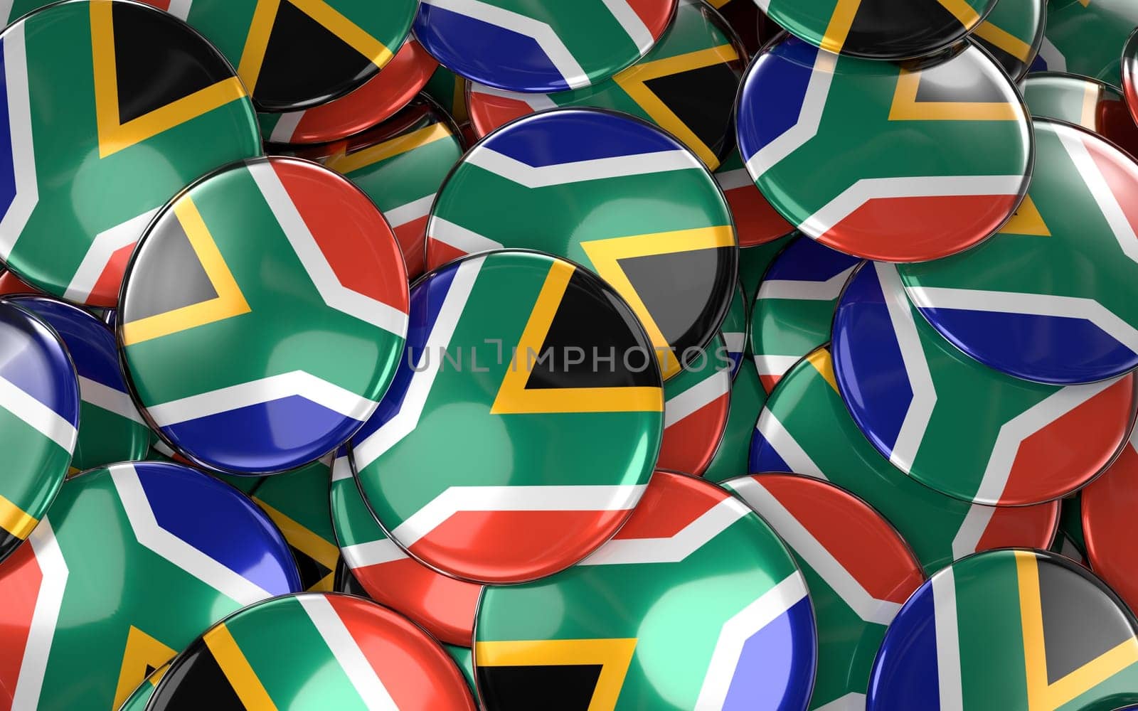 South Africa Badges Background - Pile of South African Flag Buttons. 3D Rendering